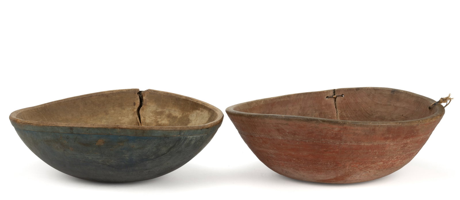 ASSORTED AMERICAN PAINTED LARGE TURNED TREEN BOWLS, LOT OF TWO: ASSORTED AMERICAN PAINTED LARGE TURNED TREEN BOWLS, LOT OF TWO, slightly out-of-round, including one example with a wide-banded rim, and one example having a slight foot. One 