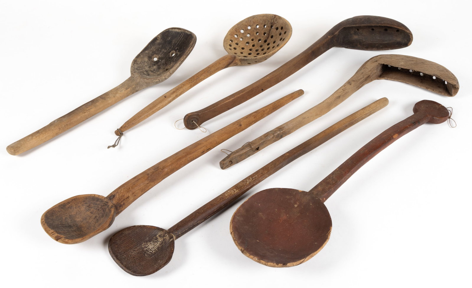 ASSORTED CARVED TREENWARE LADLES AND SKIMMERS, LOT OF SEVEN (1 of 1)