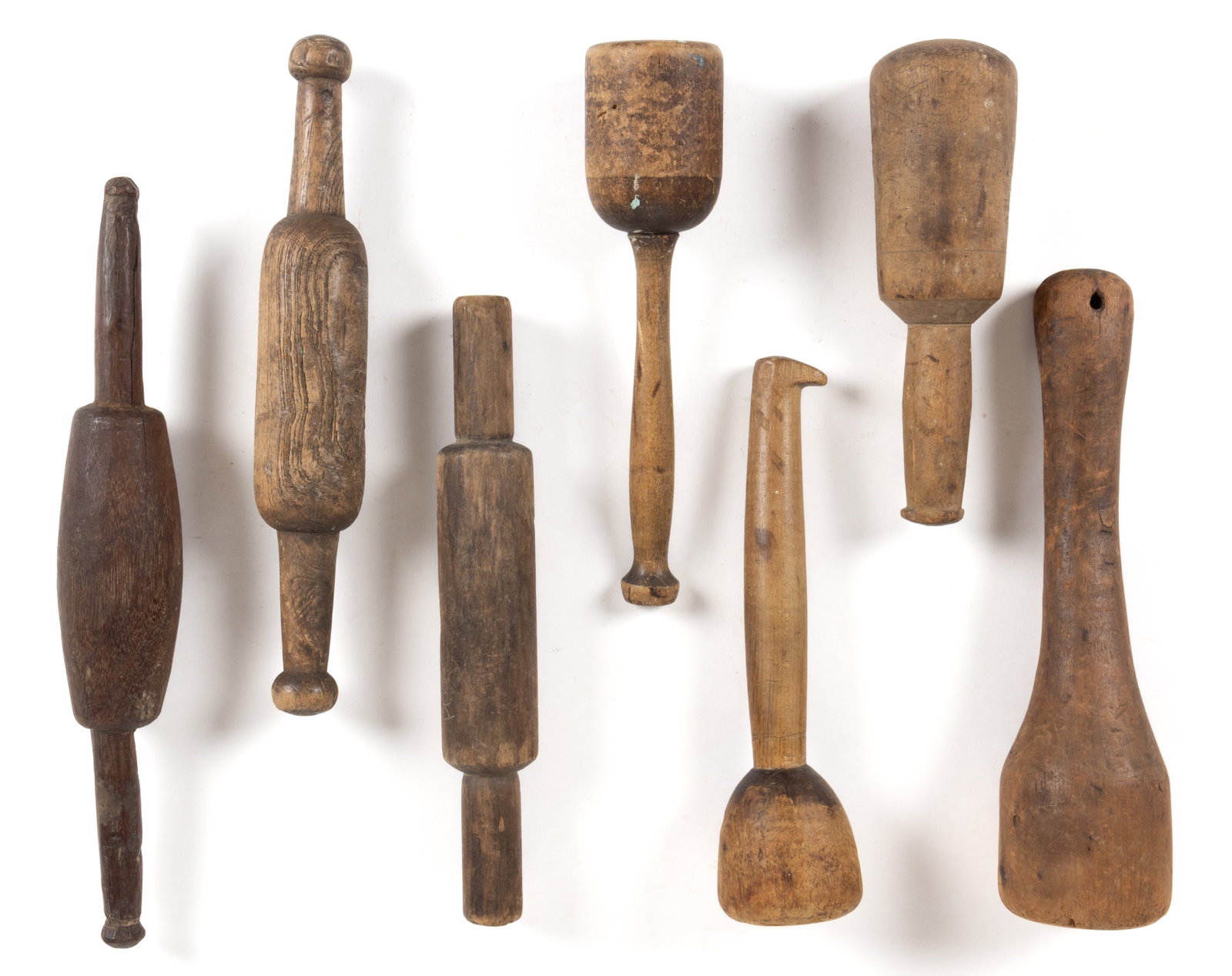 ASSORTED CARVED TREENWARE ROLLING PINS AND SMASHERS, LOT OF SEVEN (1 of 1)