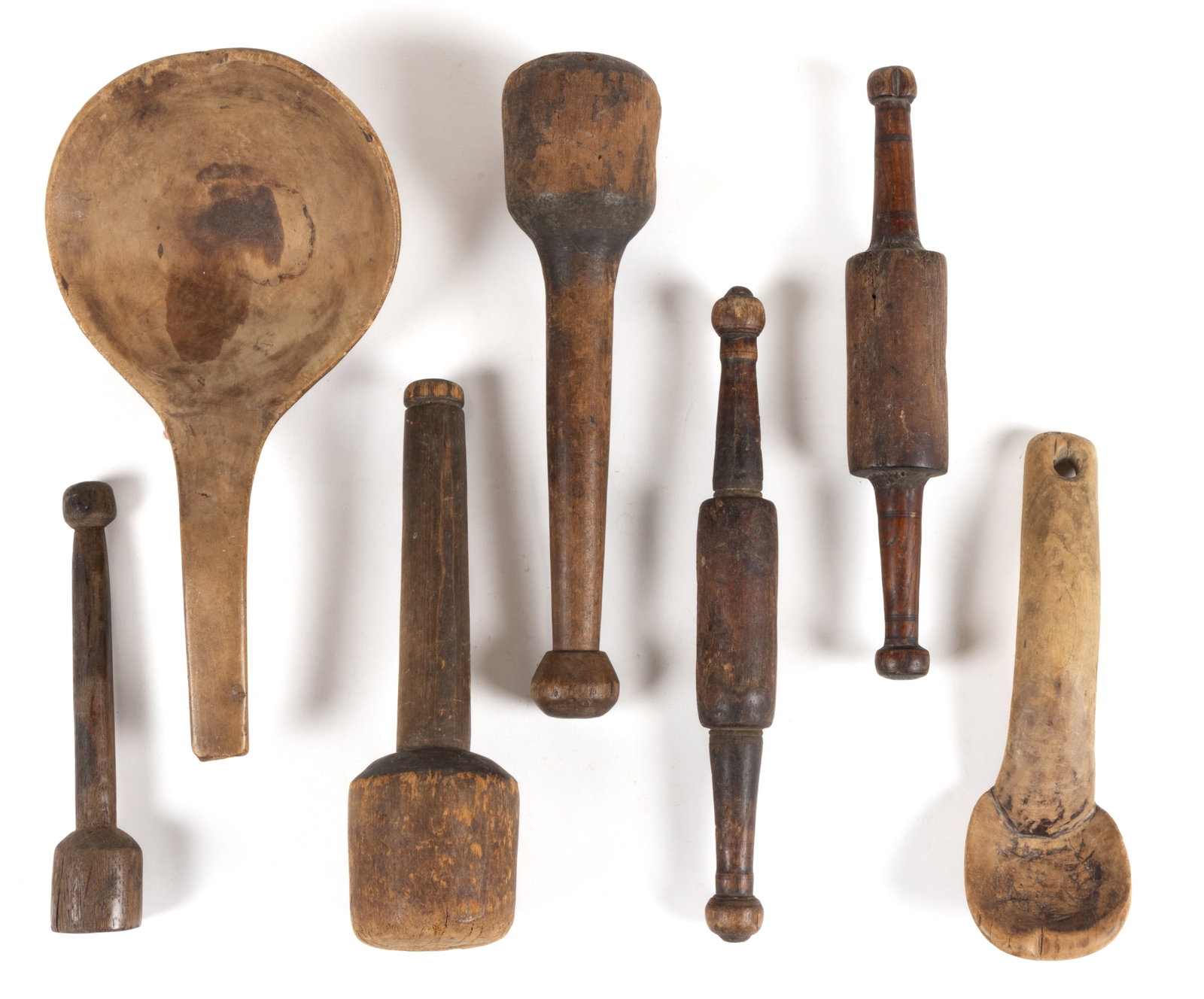ASSORTED CARVED TREENWARE KITCHEN UTENSILS, LOT OF SEVEN (1 of 1)