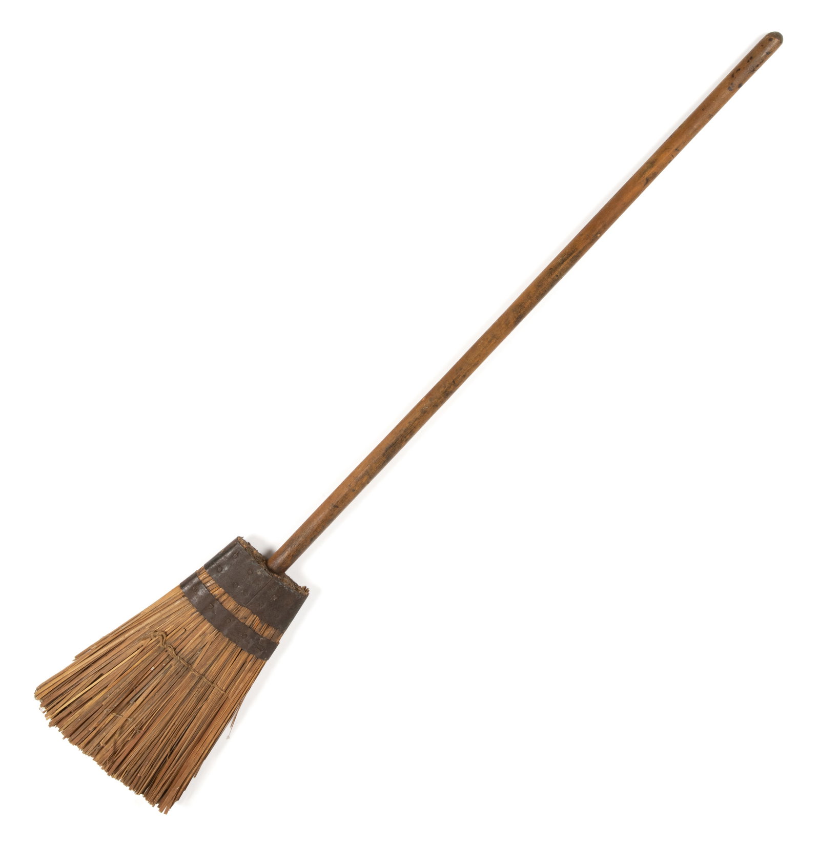 AMERICAN SHAVED / SPLINT AND SHEET IRON: AMERICAN SHAVED / SPLINT AND SHEET IRON, the head constructed from numerous splint bristles joined by nailed sheet iron bands at the top, the whole mounted to a maple broomstick. Late 19th/first quart