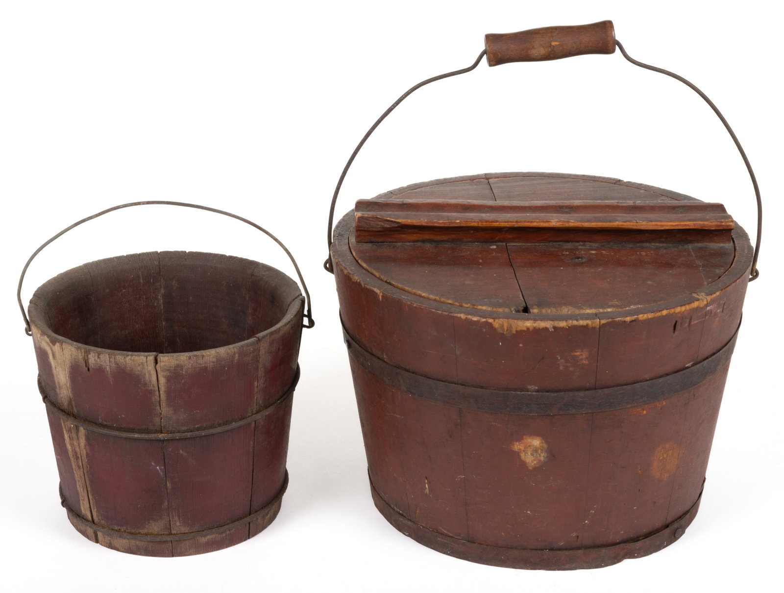 AMERICAN COUNTRY-PAINTED TREEN BUCKETS / PAILS, LOT OF TWO: AMERICAN COUNTRY-PAINTED TREEN BUCKETS / PAILS, LOT OF TWO, slightly tapered circular form, coopered staves including largest example with tongue and groove construction, comprising of 