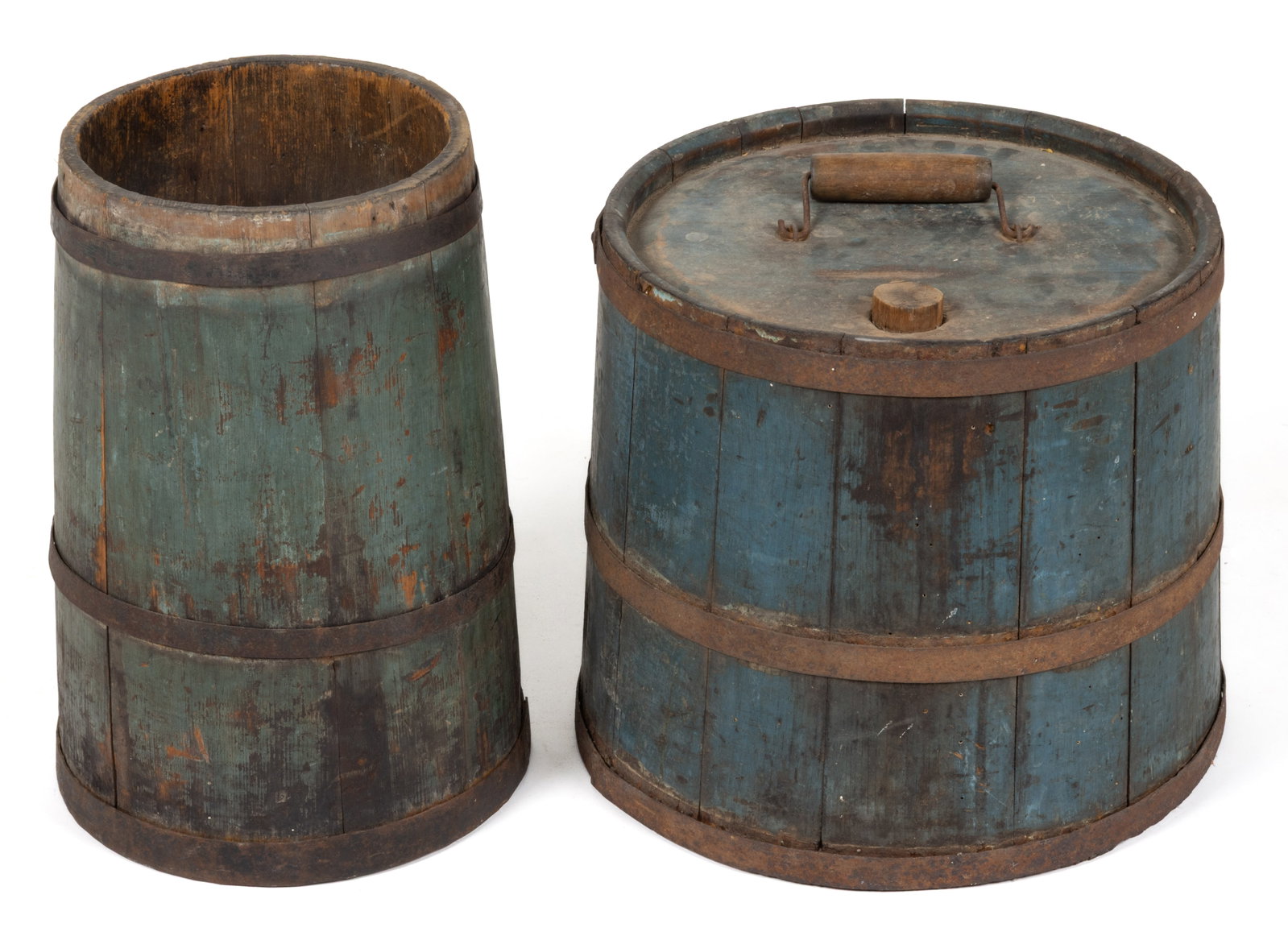 AMERICAN PAINTED TREEN FIRKIN AND STORAGE CONTAINER, LOT OF TWO: AMERICAN PAINTED TREEN FIRKIN AND STORAGE CONTAINER, LOT OF TWO, each of stave construction with iron hoops, comprising a tall firkin or churn with tapered sides and some form of a liquid storage