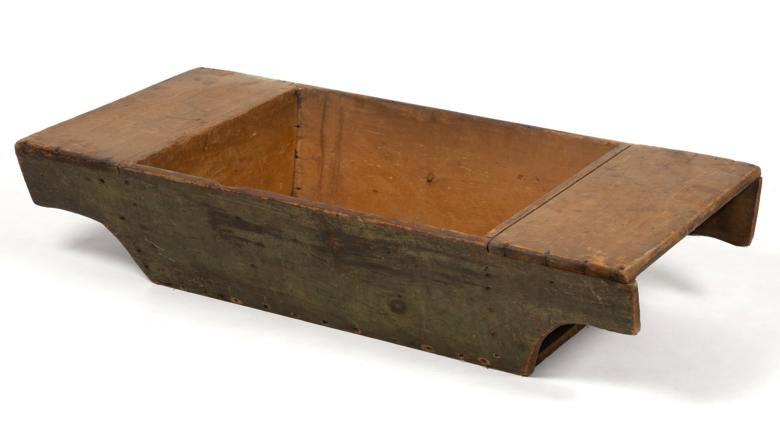 AMERICAN COUNTRY PAINTED PINE TROUGH: AMERICAN COUNTRY PAINTED PINE TROUGH, nailed construction, retaining an early green-painted surface. Fourth quarter 19th century. 11 1/2" H, 49 1/4" L, 24" W. Provenance: The estate