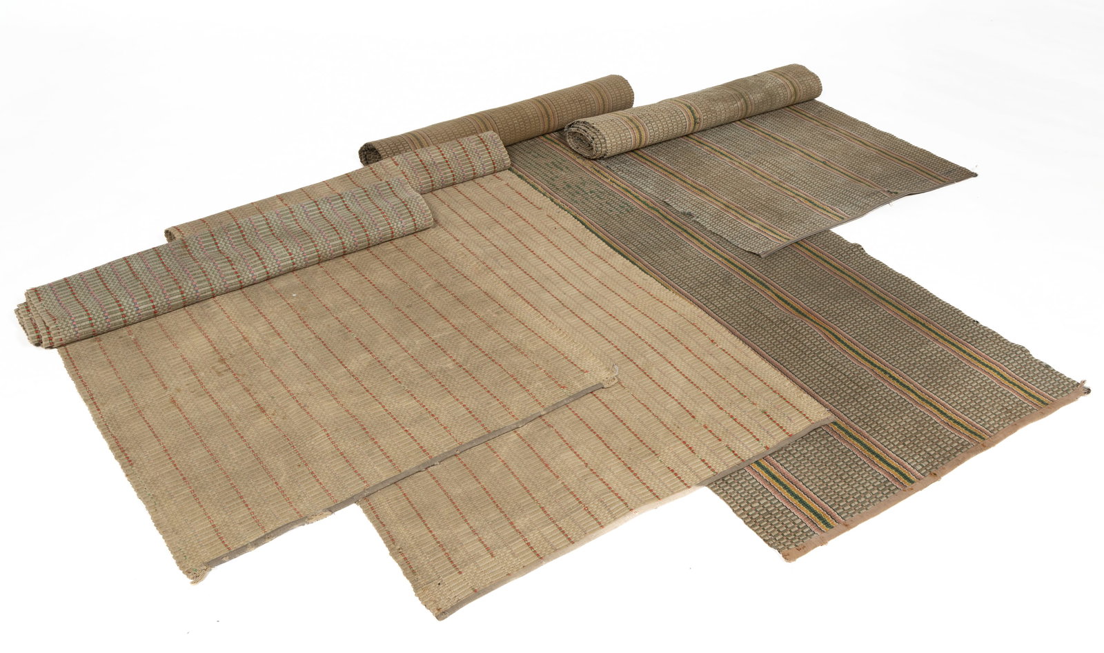 AMERICAN WOVEN RAG RUNNERS, LOT OF TWO PAIRS: AMERICAN WOVEN RAG RUNNERS, LOT OF TWO PAIRS, each having a long striped design; comprising a longer pair with each having four wide stripes in pink, yellow, green, and white colors; and a shorter pai