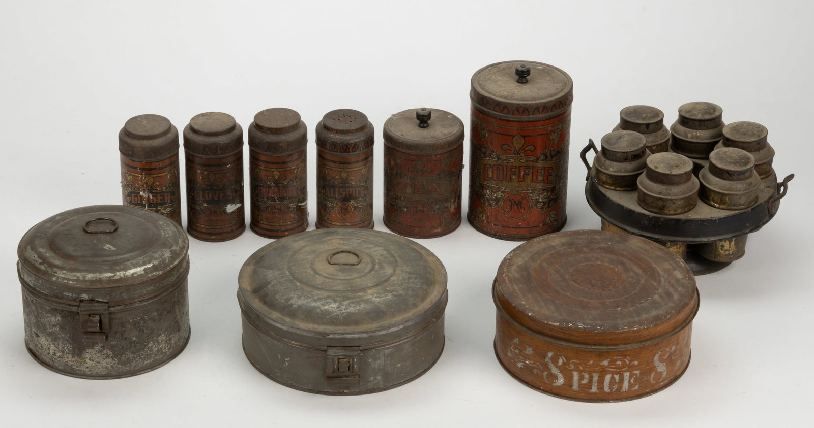 ASSORTED SHEET-IRON / TIN SPICE AND FOOD CONTAINERS AND SETS, LOT OF TEN (1 of 2)