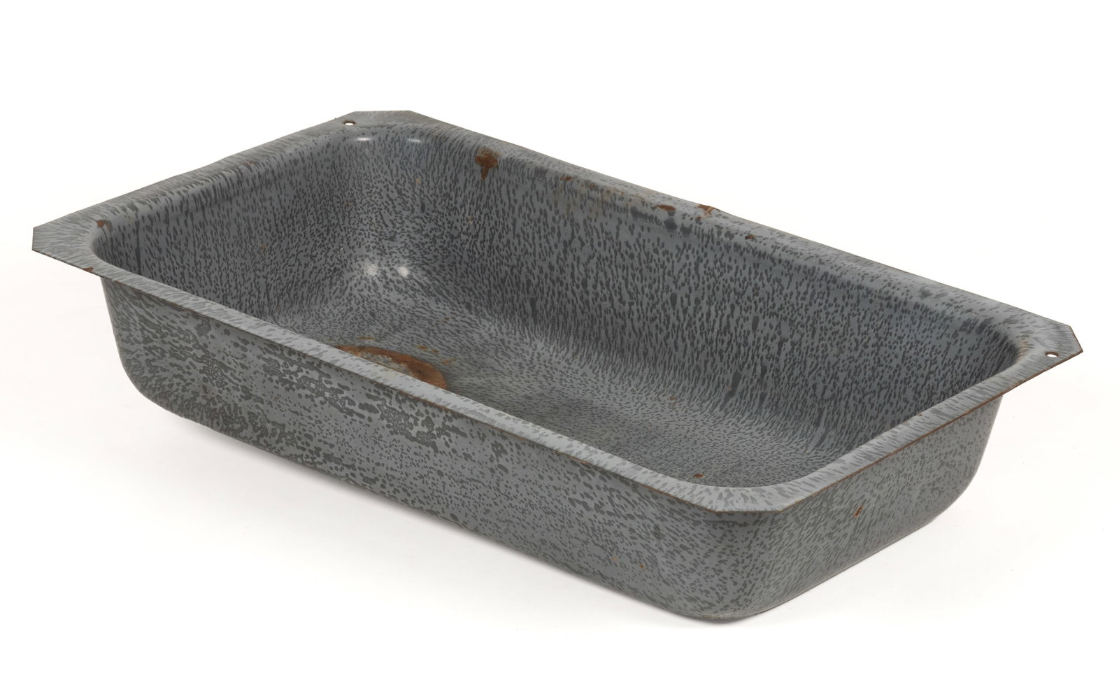 GRANITEWARE / ENAMELWARE KITCHEN SINK: GRANITEWARE / ENAMELWARE KITCHEN SINK, gray mottled finish, of rectangular form with a drain hole at one end and an extension flange/overhang on the upper edge. Late 19th/first quarter 20th century. 6