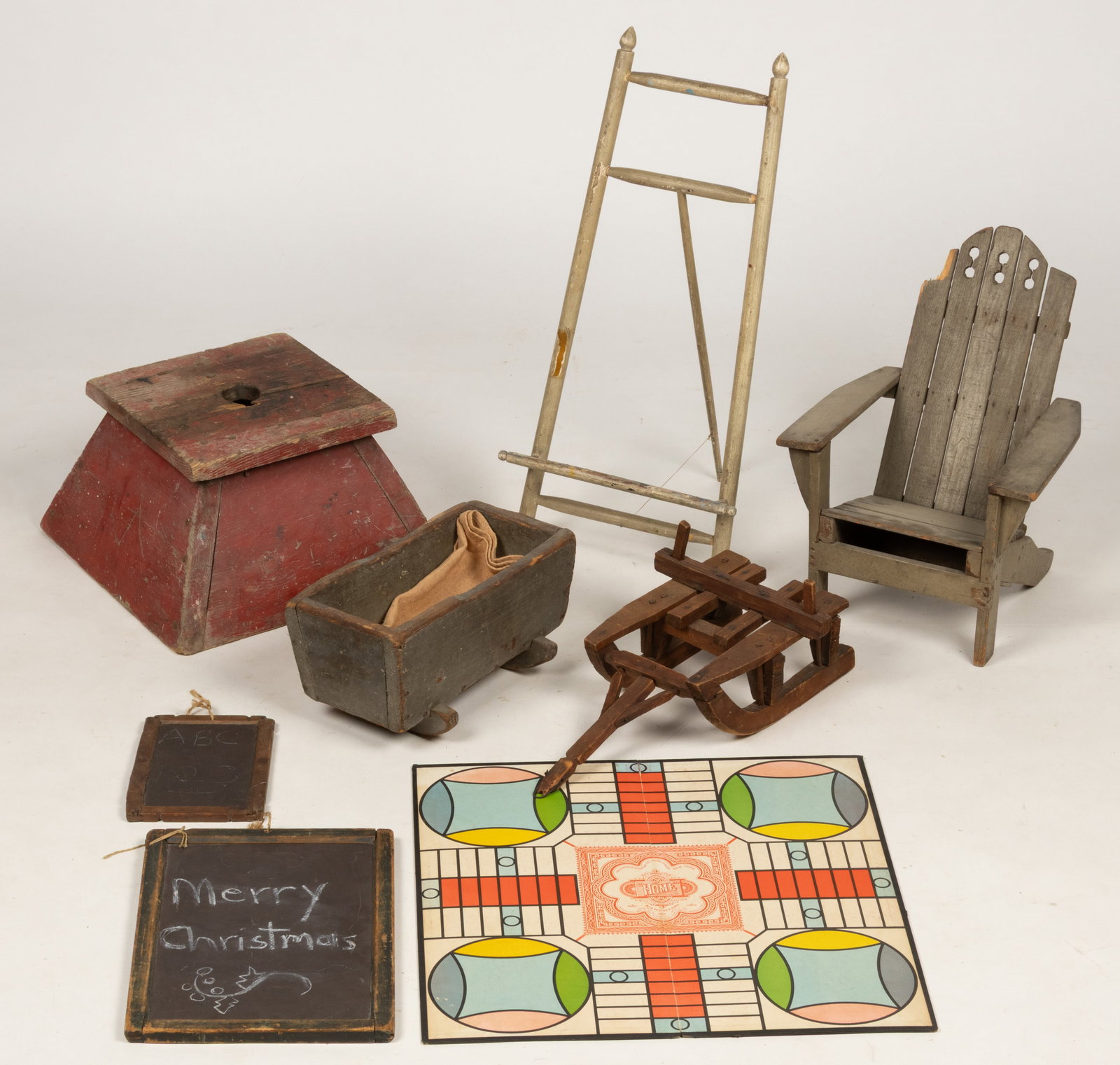ASSORTED WOODEN DOMESTIC CHILD, DOLL, AND OTHER DOMESTIC ARTICLES, LOT OF EIGHT: ASSORTED WOODEN DOMESTIC CHILD, DOLL, AND OTHER DOMESTIC ARTICLES, LOT OF SEVEN, comprising of three doll articles, including a painted gray cradle and Adirondack chair, and a sled;