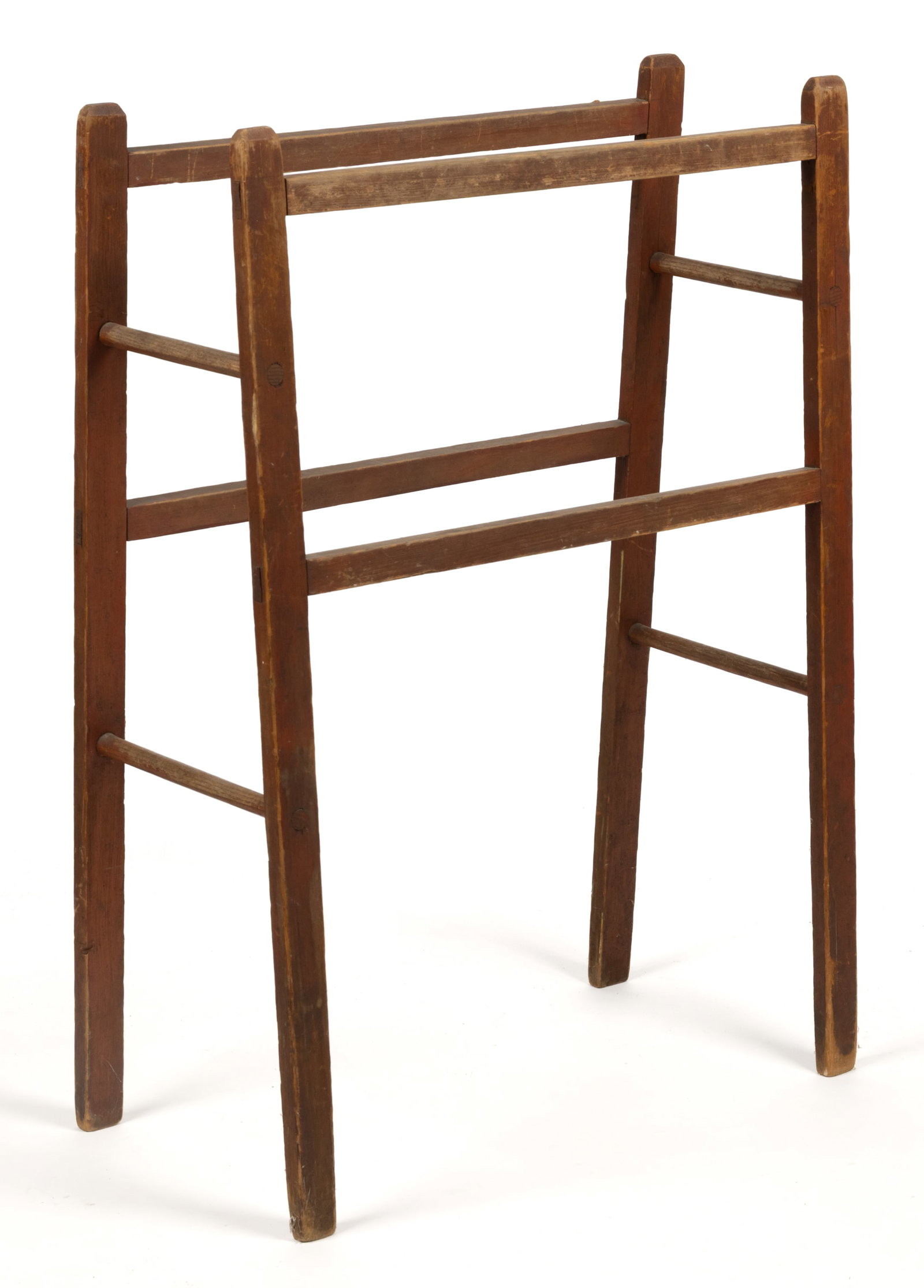 AMERICAN PAINTED MIXED WOOD DRYING RACK: AMERICAN PAINTED MIXED WOOD DRYING RACK, mixed woods including pine, poplar, and oak, of unusual form with slightly-tapered ends connected by turned oak rods. Retains the likely original red-washed