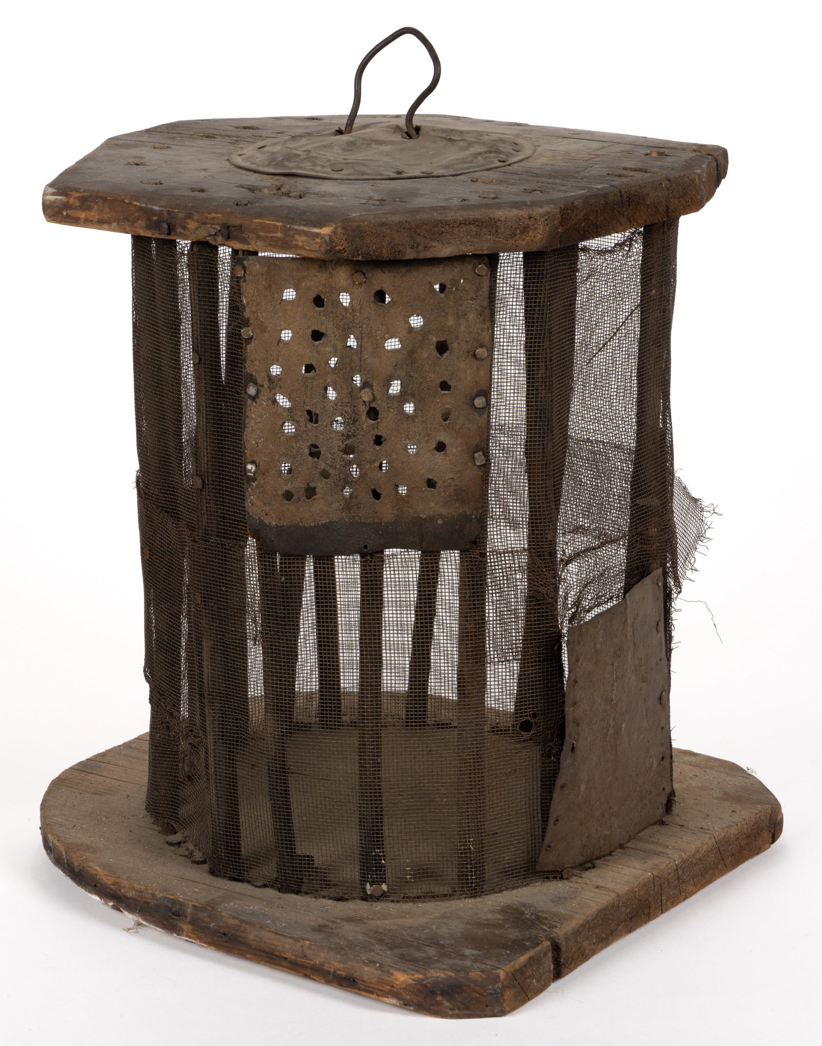 AMERICAN VERNACULAR BIRD CAGE: AMERICAN VERNACULAR BIRD CAGE, pine top and base sections connected by whittled supports which are wrapped in early wire screen, including a sheet iron door and other interior accessories. 19th