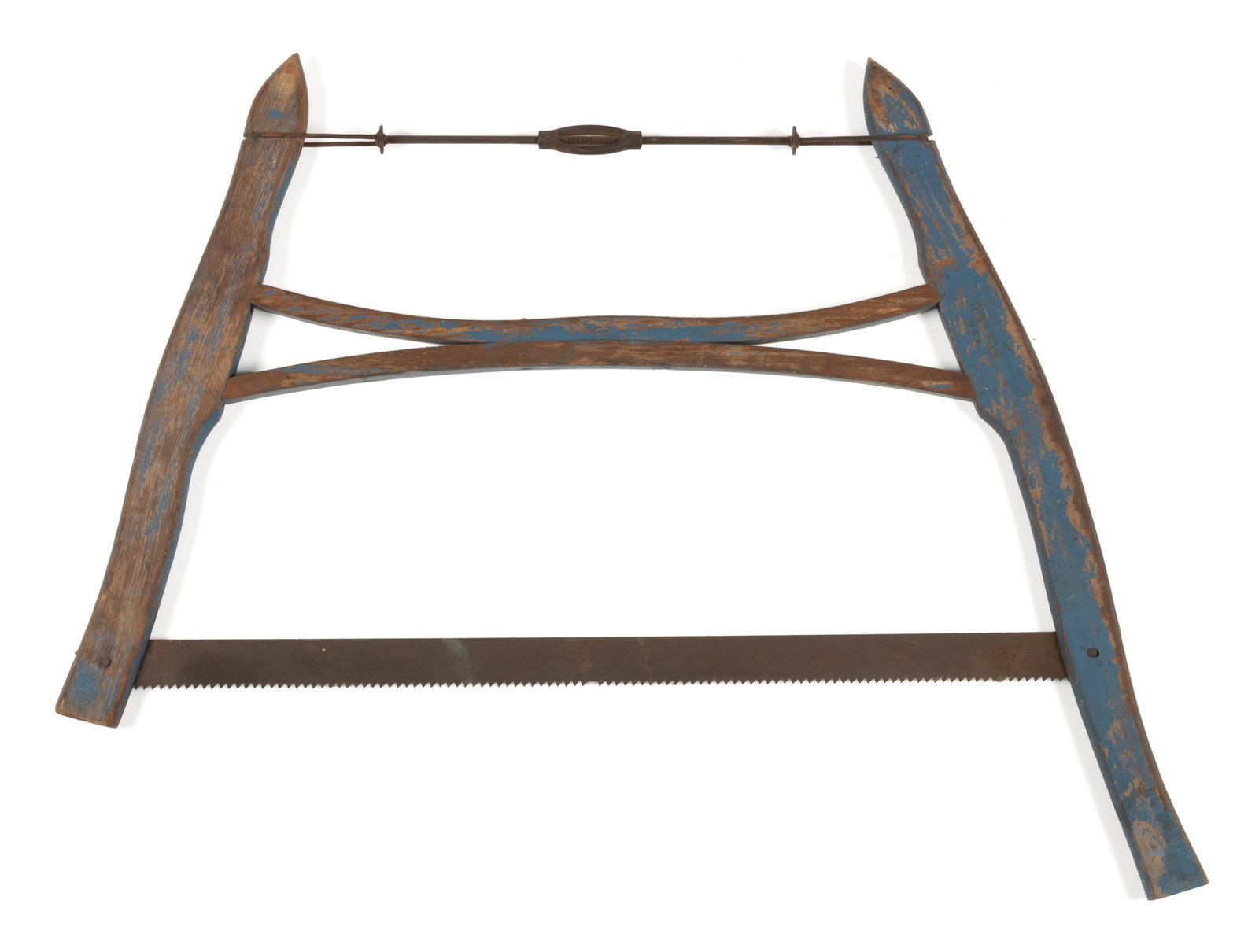 AMERICAN PAINTED FRAME HAND SAW: AMERICAN PAINTED FRAME HAND SAW, of typical form with a nailed iron blade at the base and an early blue-painted surface. Late 19th/early 20th century. 26 1/2"x 35" OA. Provenance: The estate
