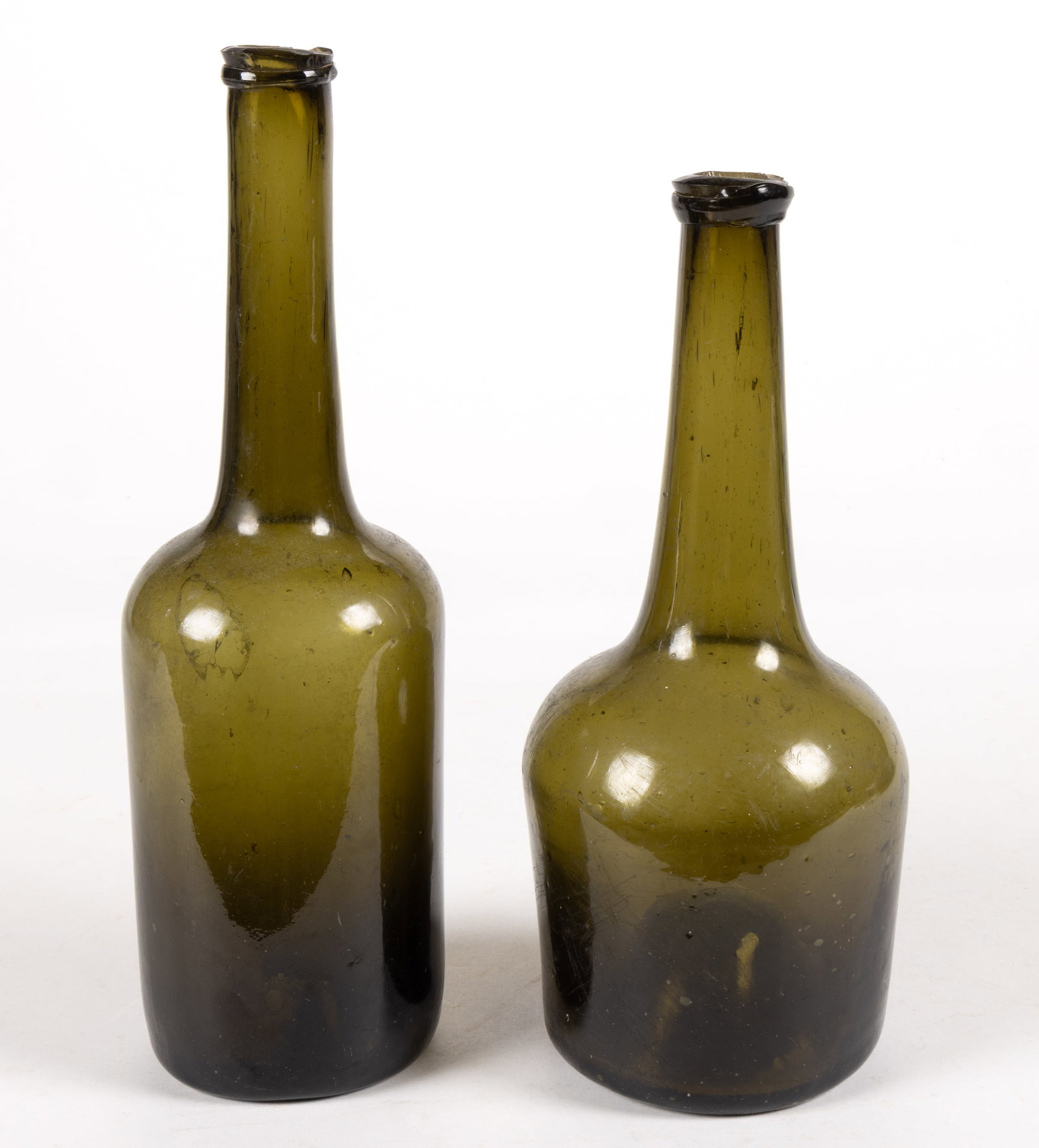DUTCH FREE-BLOWN BLACK GLASS LONGNECK UTILITY BOTTLES, LOT OF TWO (1 of 3)