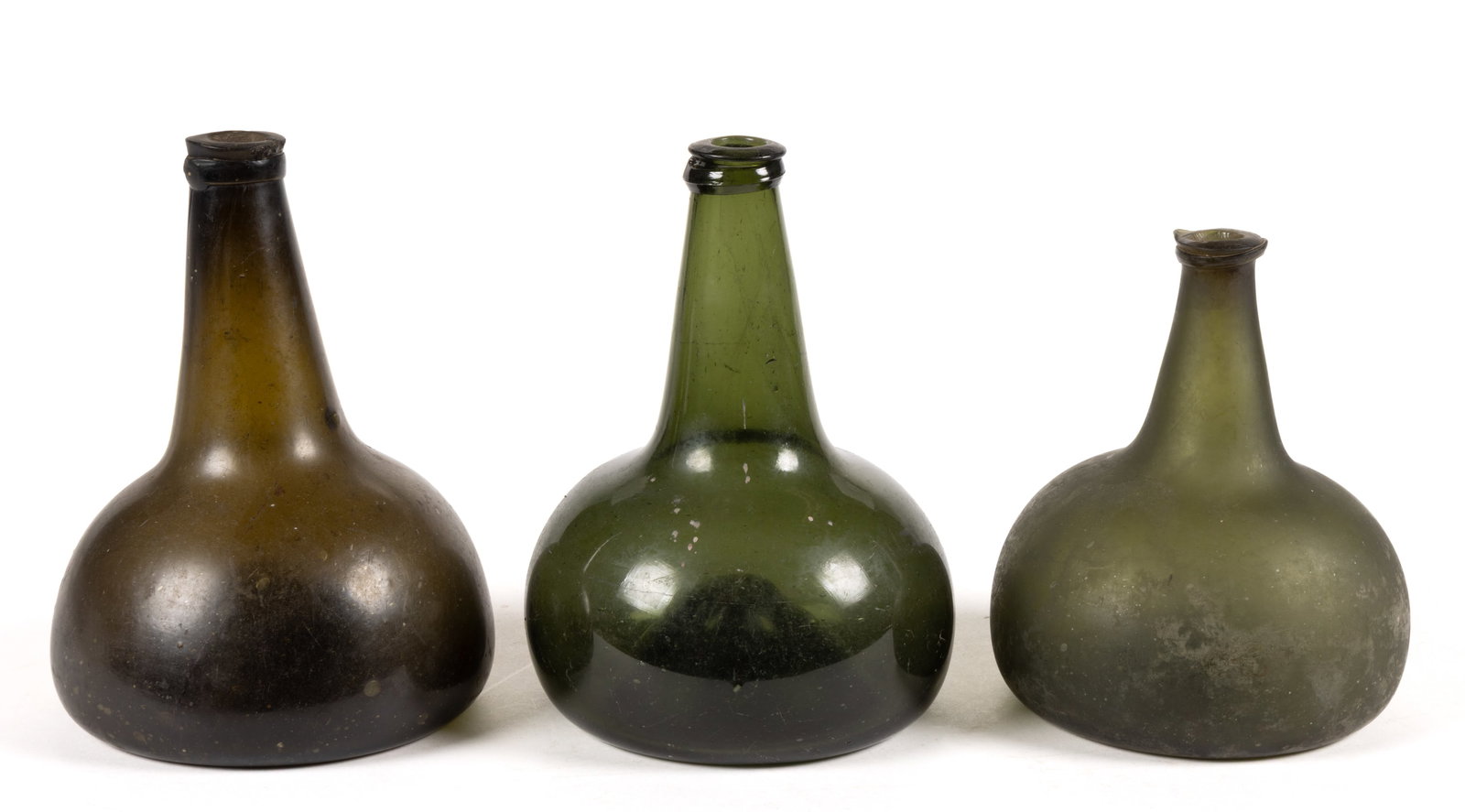 DUTCH FREE-BLOWN BLACK GLASS ONION / UTILITY BOTTLES, LOT OF THREE (1 of 3)