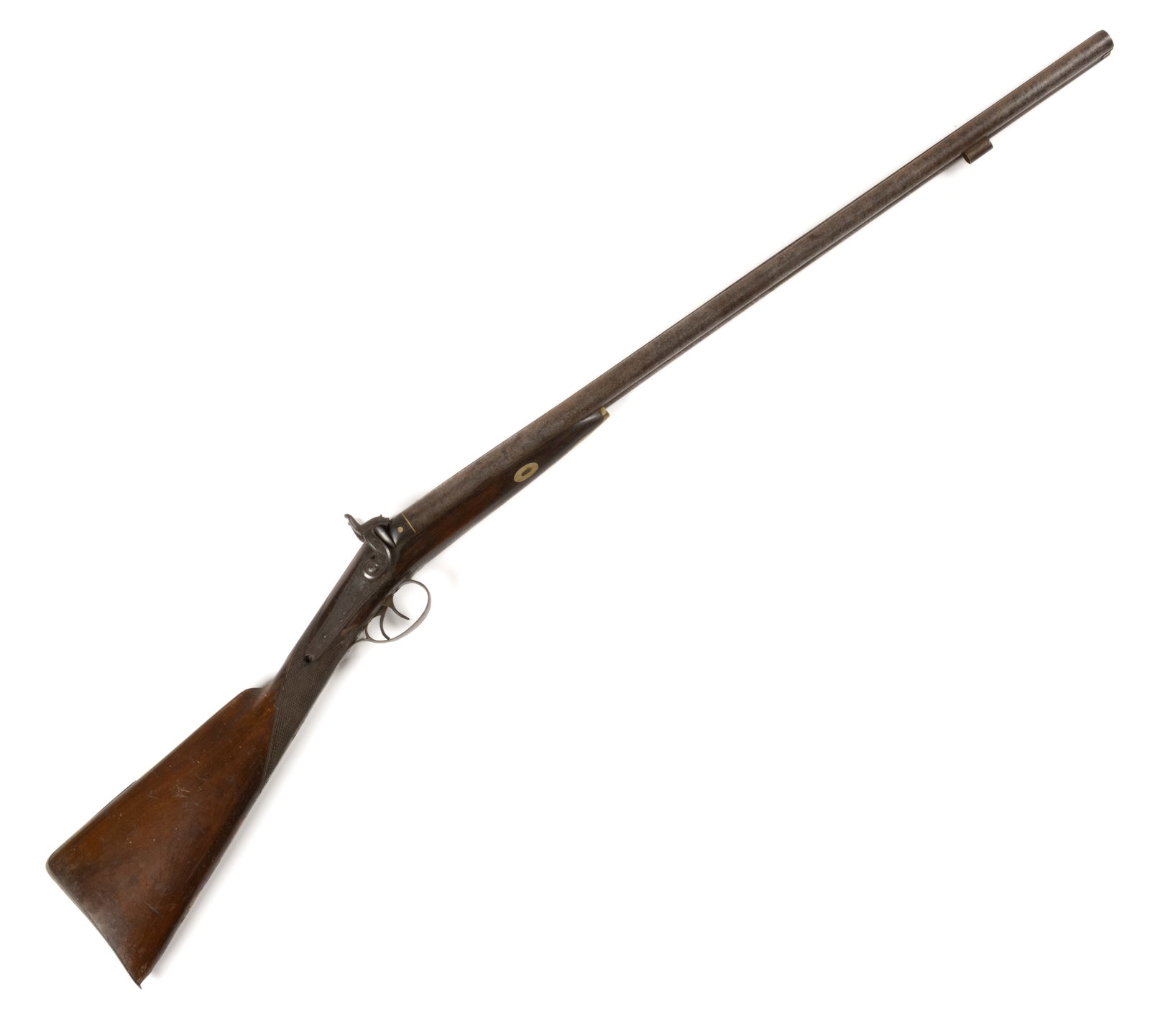 ANTIQUE BENTLEY & SONS DOUBLE-BARREL SHOTGUN: ANTIQUE BENTLEY & SONS DOUBLE-BARREL SHOTGUN, muzzle loader with 16.7 mm bore, engraved rabbit-ear hammers, lockplates engraved with pheasants, scrollwork, and "BENTLEY & SONS",