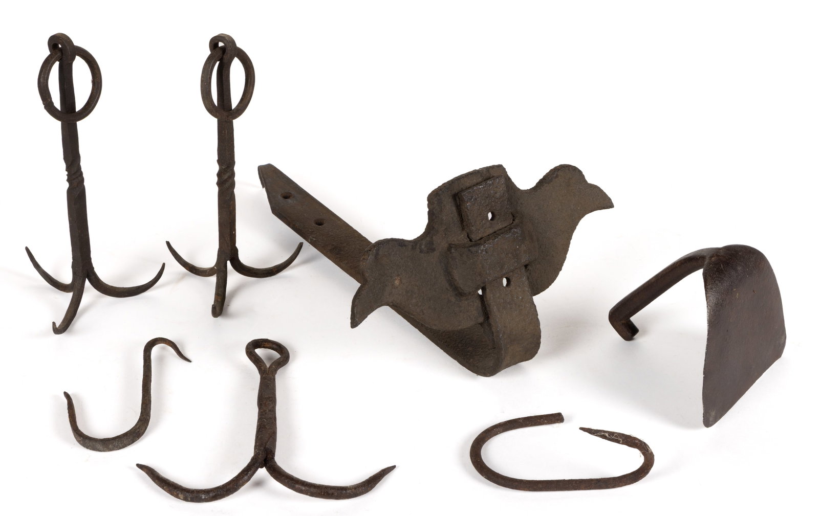 ASSORTED WROUGHT-IRON AND IRON HOOKS AND DOMESTIC ARTICLES, LOT OF SEVEN (1 of 1)