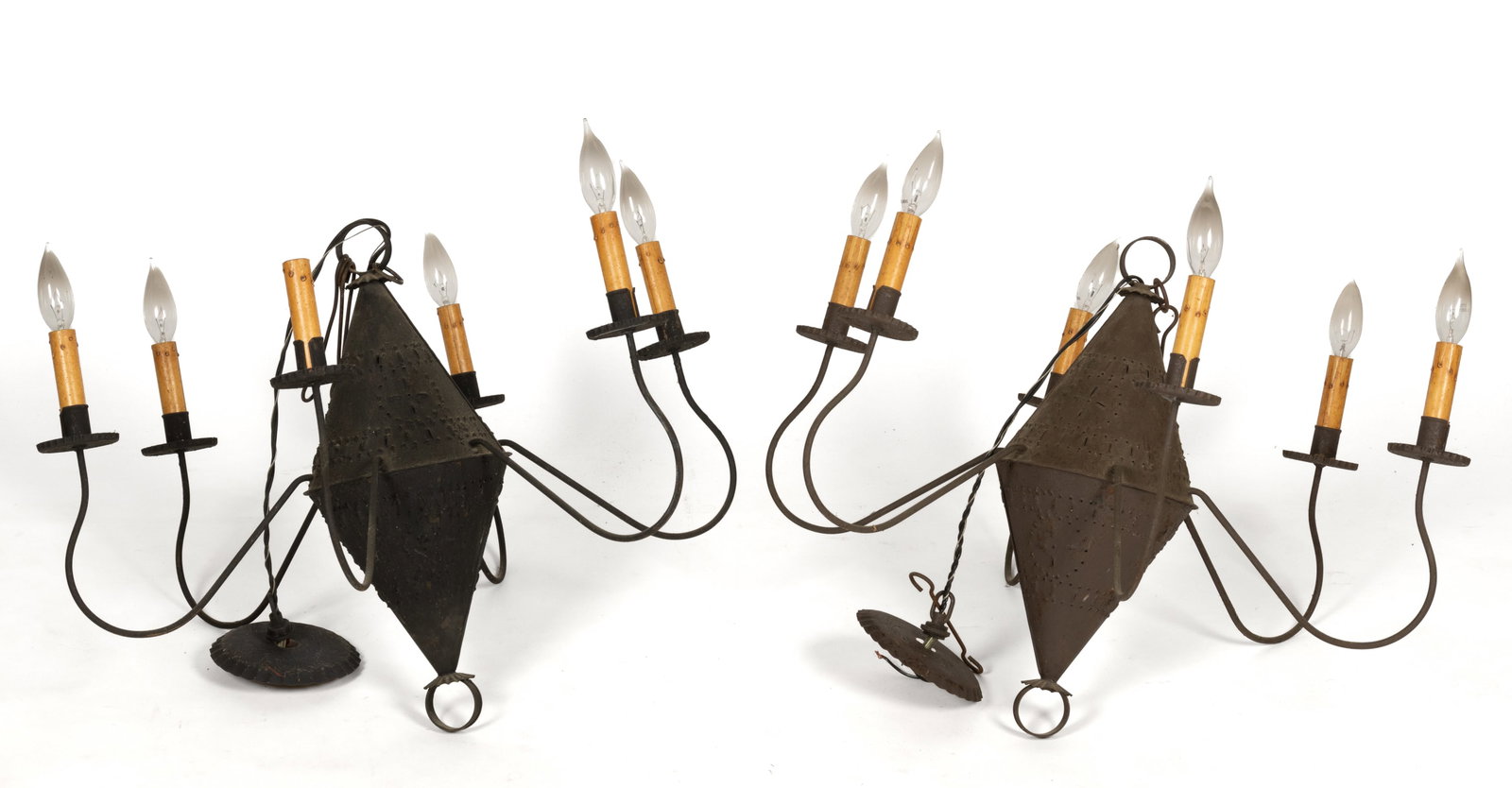 MODERN PIERCED AND PUNCHED SHEET-IRON ELECTRIC CANDLE-STYLE CHANDELIERS, PAIR (1 of 2)