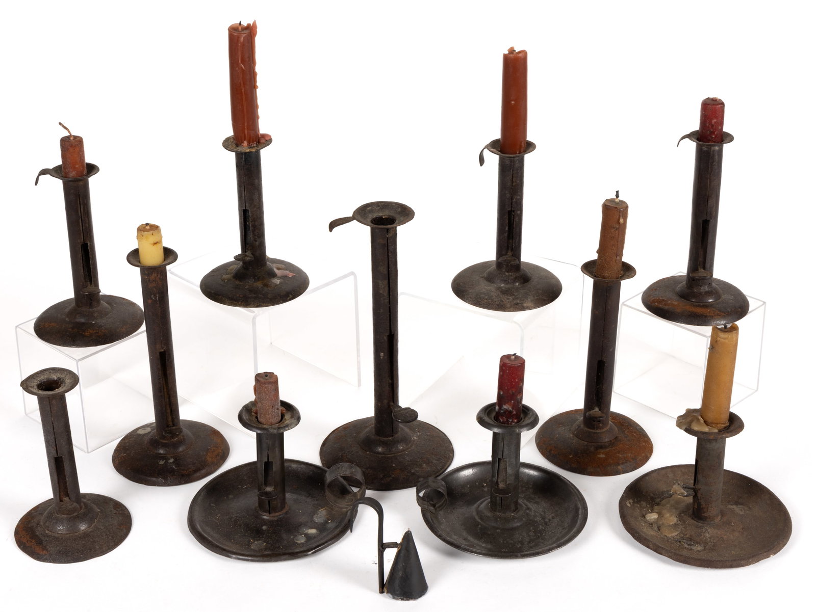 ASSORTED SHEET-IRON HOGSCRAPER AND CHAMBERSTICK CANDLESTICKS, LOT OF 11 (1 of 1)