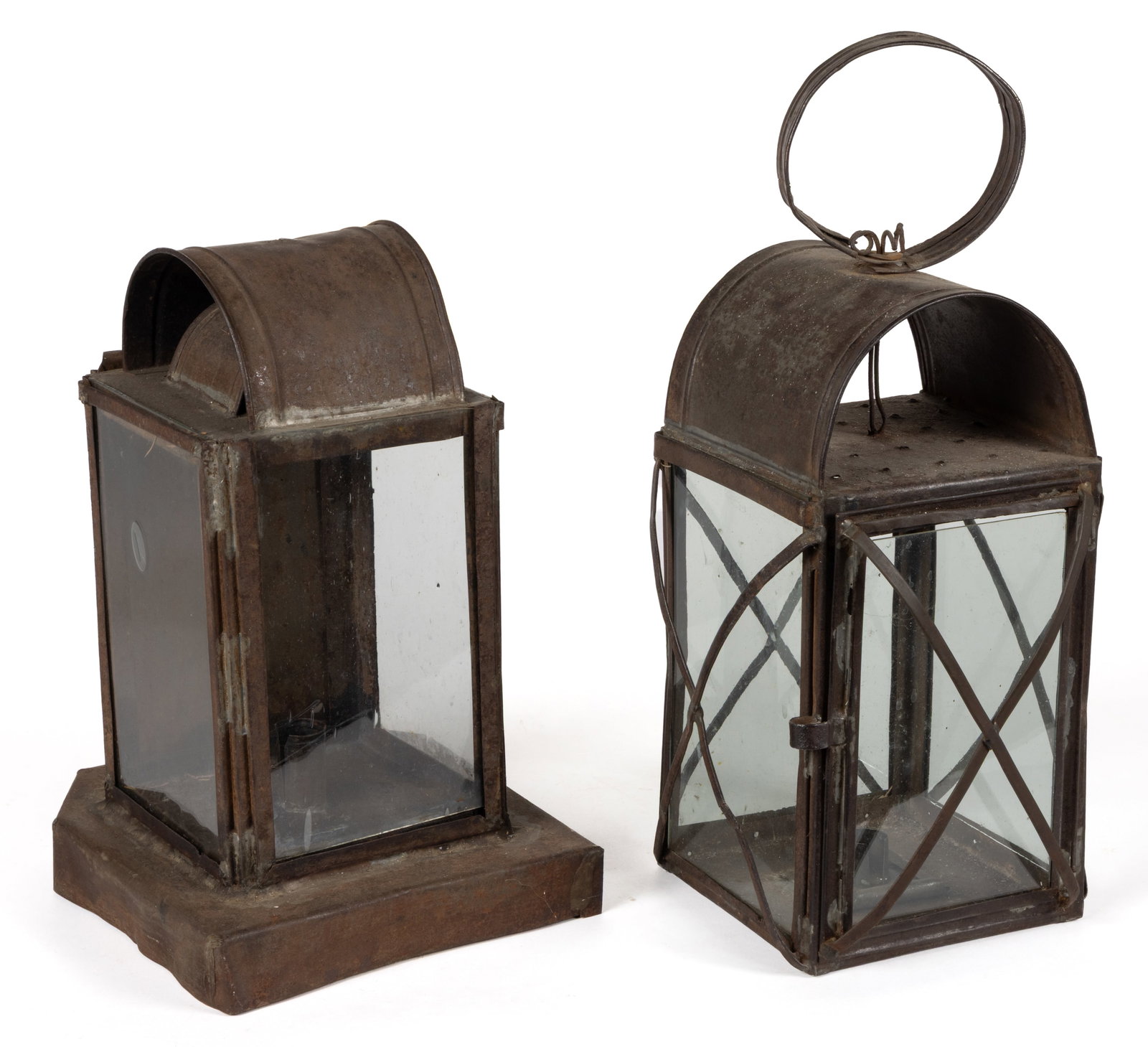 ASSORTED SHEET-IRON CANDLE LANTERNS, LOT OF TWO: ASSORTED SHEET-IRON CANDLE LANTERNS, LOT OF TWO, each of square-form with arched tops, one example having a loop handle, one example fitted with four colorless glass panes and 