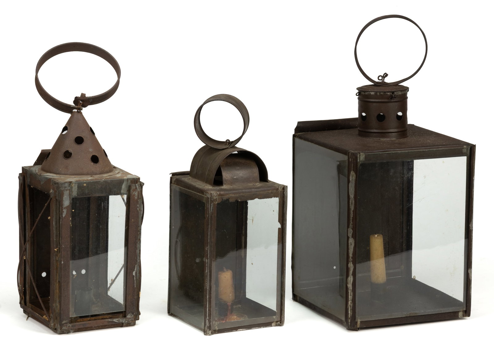 ASSORTED SHEET-IRON CANDLE LANTERNS, LOT OF THREE (1 of 2)