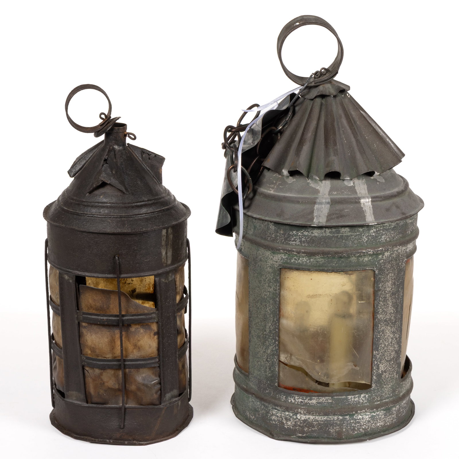 SHEET-IRON CANDLE LANTERNS WITH MICA PANES, LOT OF TWO (1 of 2)