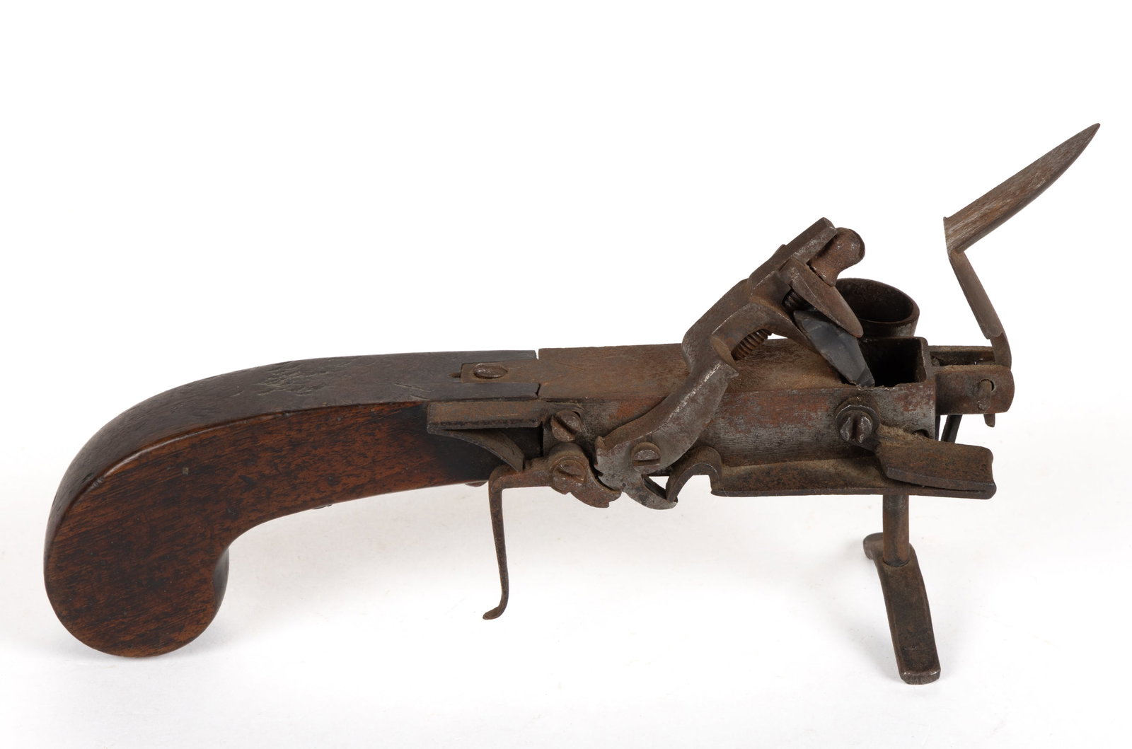 WOOD AND IRON FIGURAL FLINTLOCK PISTOL TINDER, LIGHTER AND CANDLEHOLDER (1 of 4)