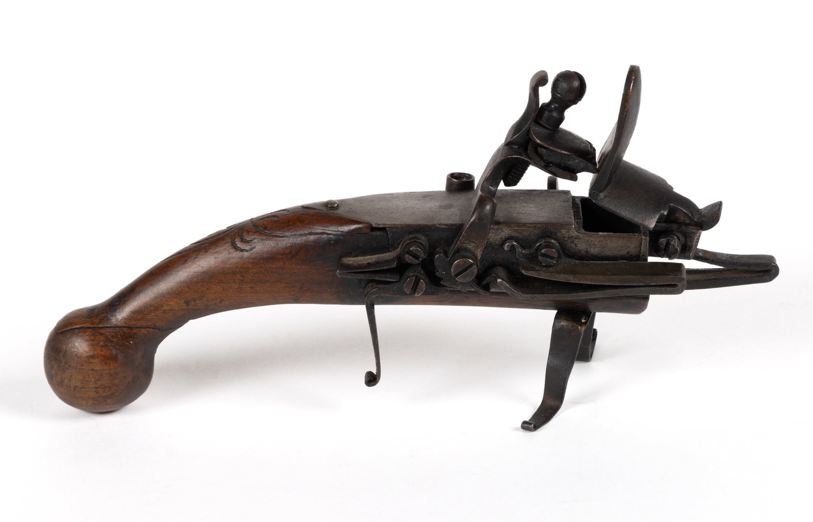WOOD AND IRON FIGURAL FLINTLOCK PISTOL TINDER, LIGHTER AND CANDLEHOLDER (1 of 4)