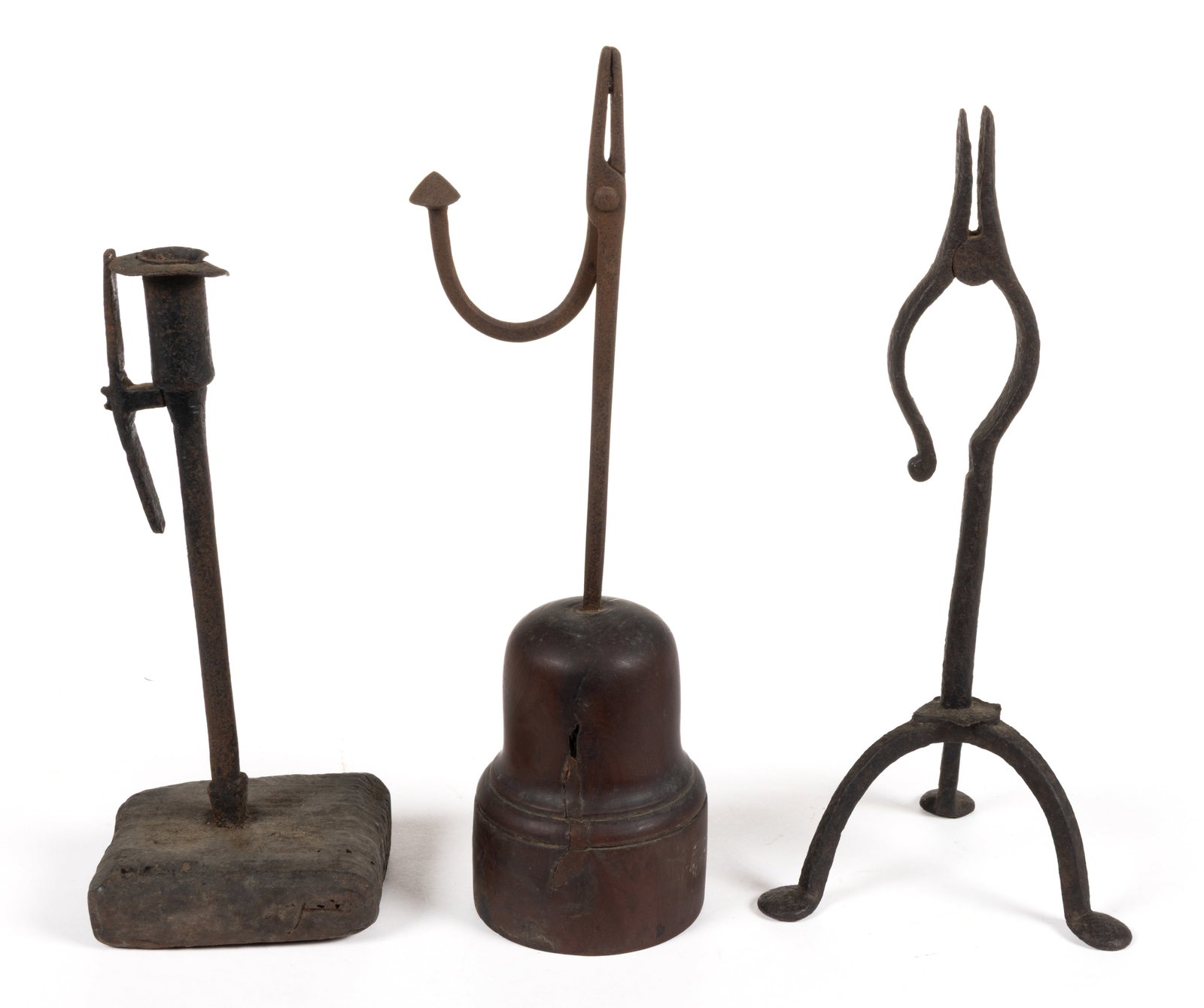 WROUGHT-IRON TABLE-TOP RUSHLIGHT HOLDERS, LOT OF THREE (1 of 2)