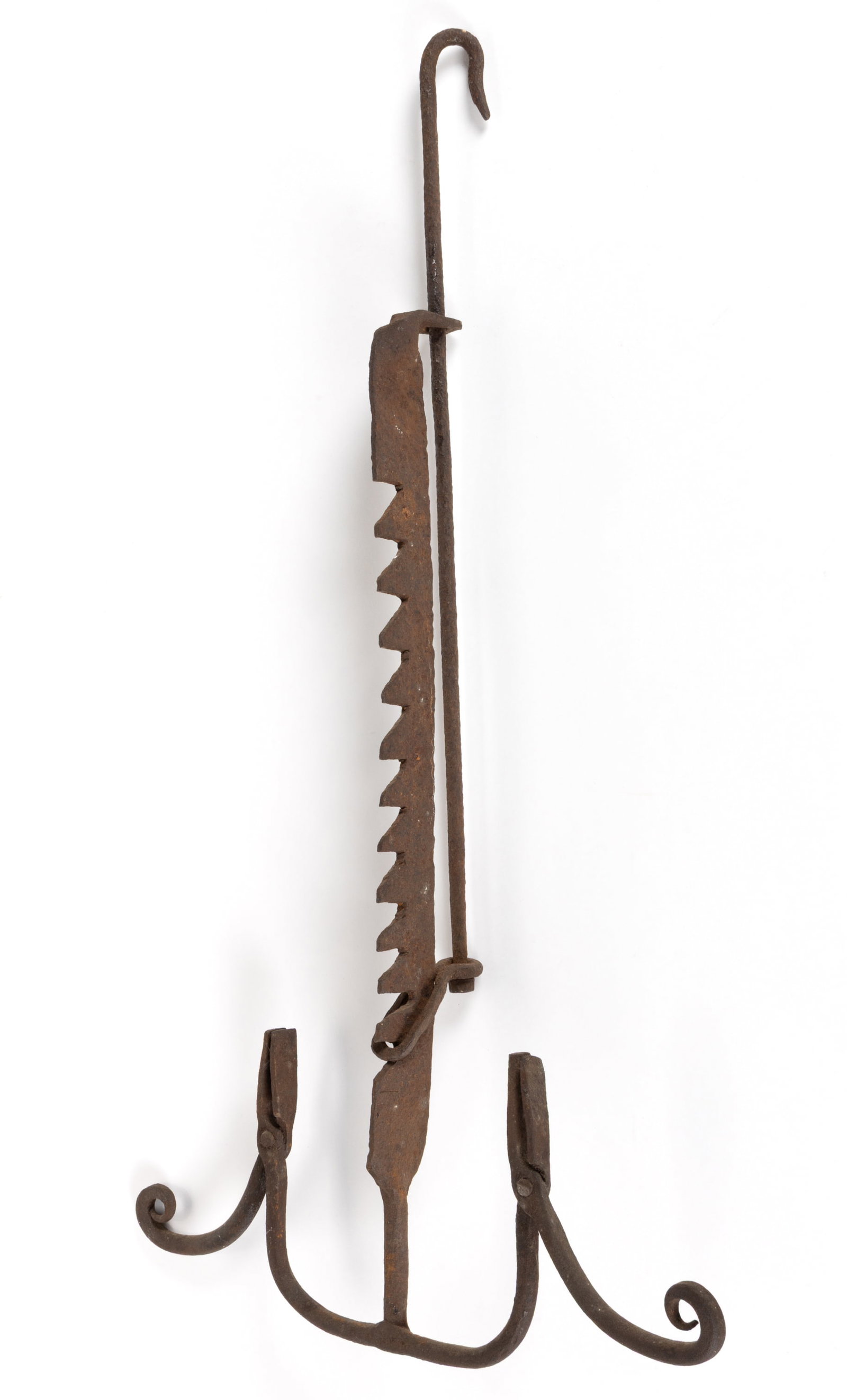 WROUGHT-IRON HANGING DOUBLE-ARM RUSHLIGHT WITH ADJUSTABLE TRAMMEL (1 of 2)