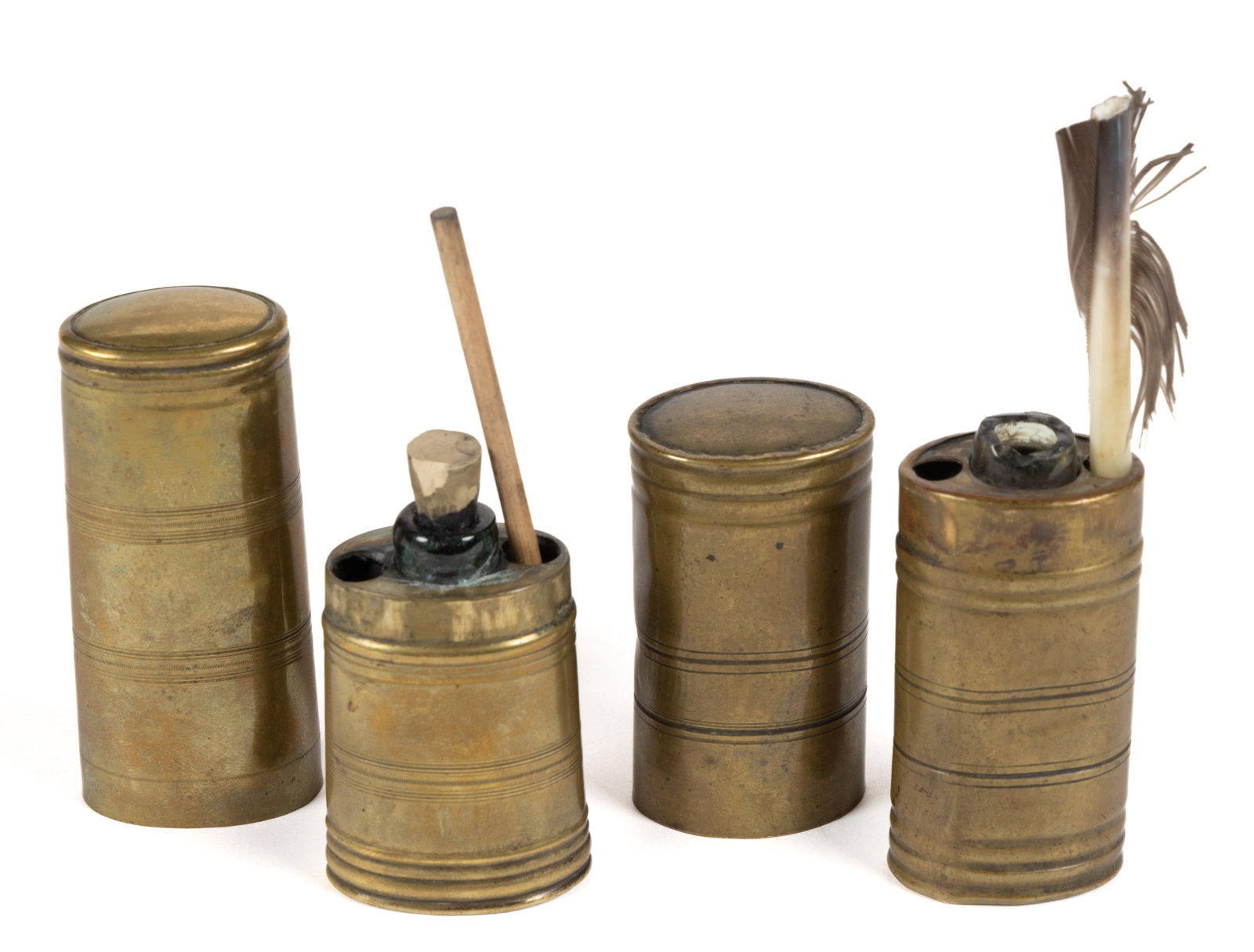 ASSORTED ENGLISH BRASS GEORGIAN TRAVELING ETUIS PENNER / INKWELLS, LOT OF TWO (1 of 1)