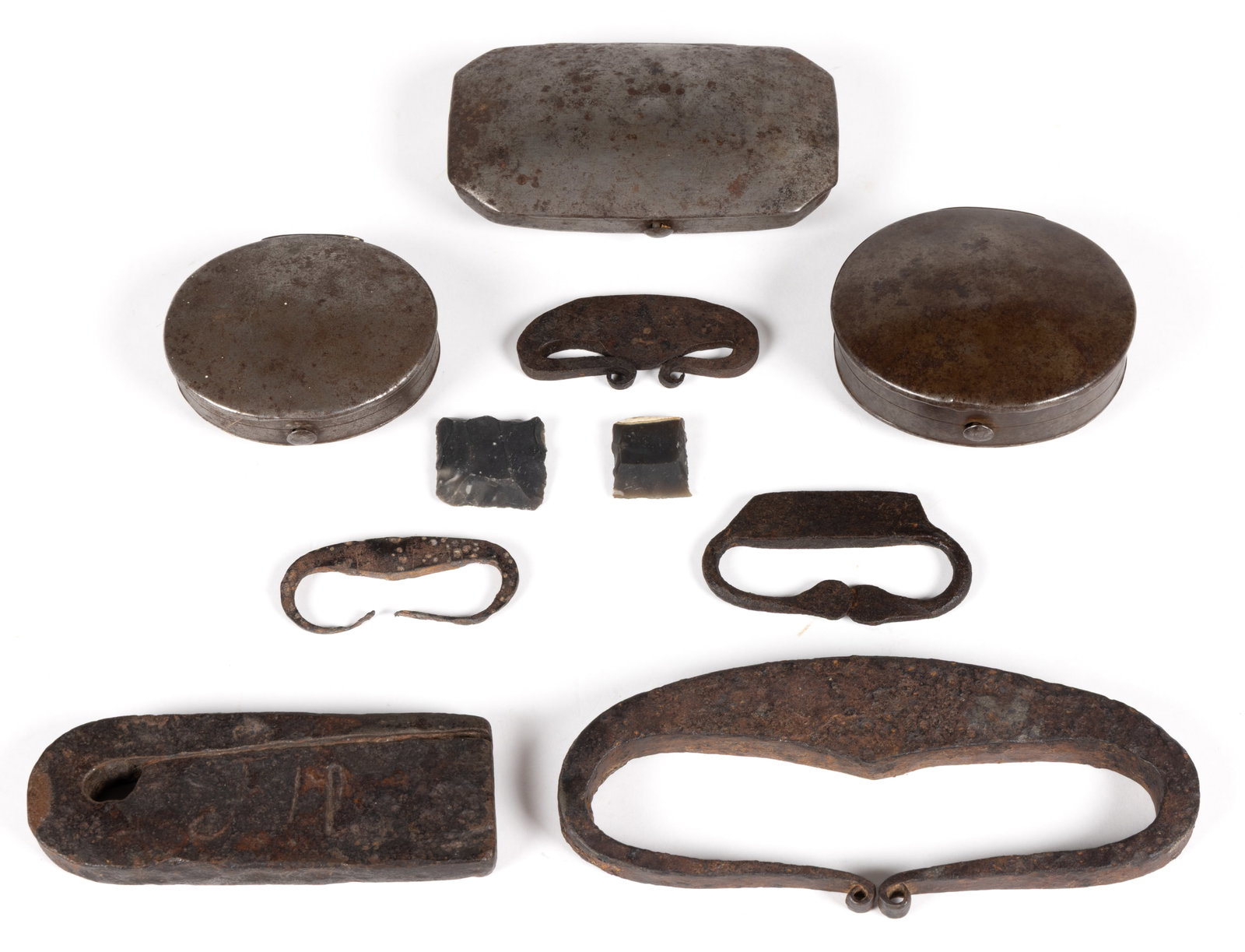 ASSORTED SHEET-IRON AND IRON TINDER BOXES AND FIRE STRIKER ARTICLES, LOT OF SIX (1 of 2)