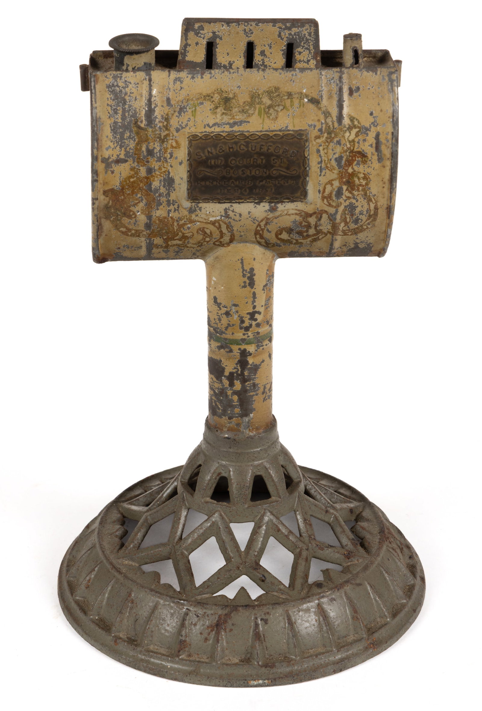 PAINT-DECORATED SHEET IRON KINNEAR'S UFFORD LARD STAND LAMP: PAINT-DECORATED SHEET IRON KINNEAR'S UFFORD LARD STAND LAMP, pale yellow/tan-painted surface with multi-color floral stencil decoration to the sheet iron components, horizontal reservoir with two