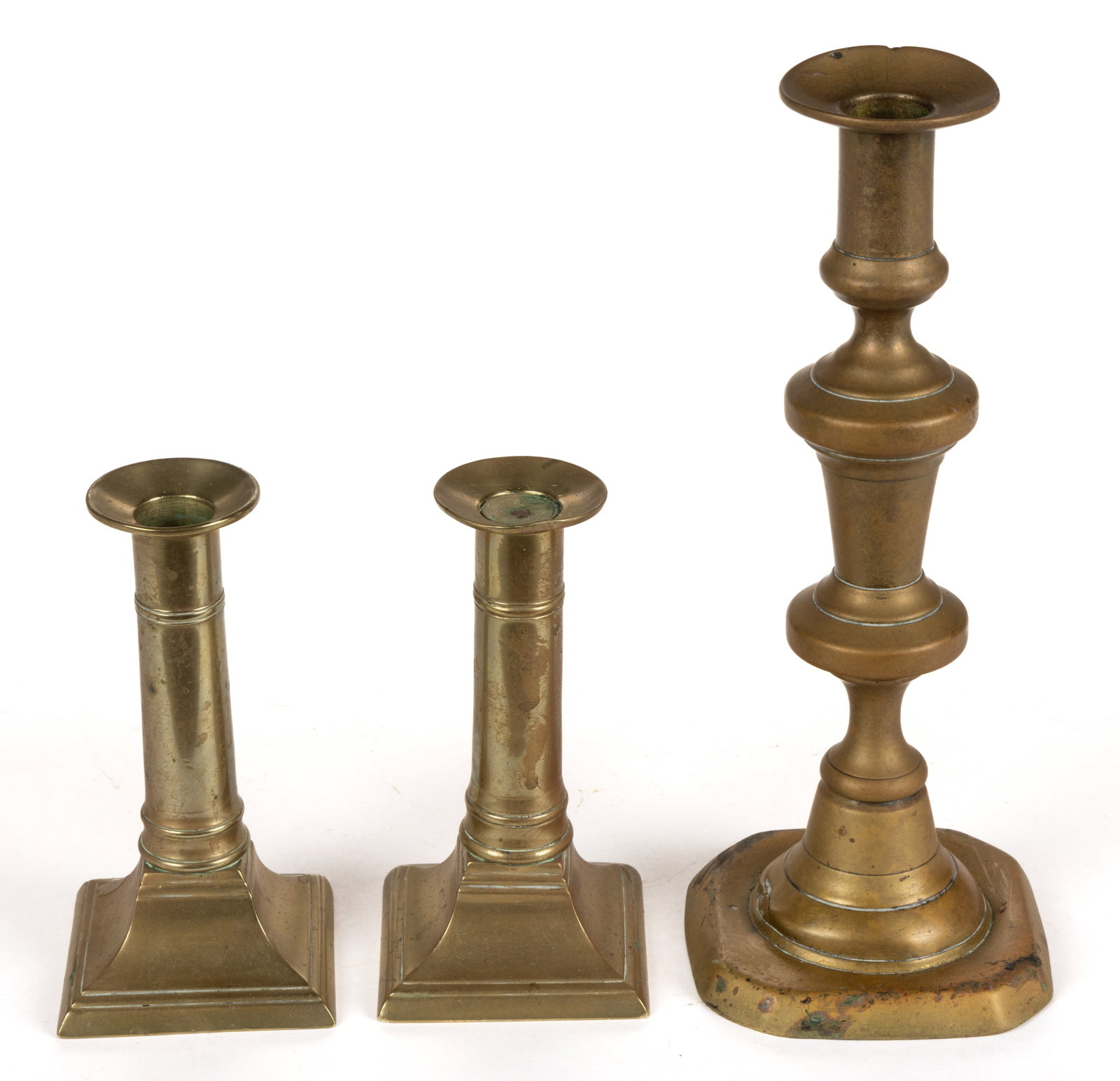 ASSORTED ENGLISH BRASS CANDLESTICKS, LOT OF THREE (1 of 2)