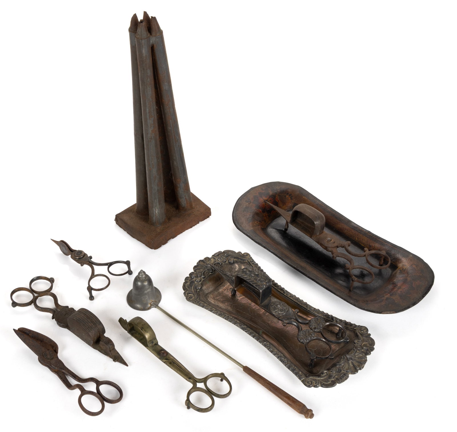ASSORTED METAL CANDLE ARTICLES, LOT OF TEN: ASSORTED METAL CANDLE ARTICLES, LOT OF TEN, comprising seven snuffers/wick trimmers, including a brass pair and a silver-plated pair, four wrought-iron examples with two having stylized scro