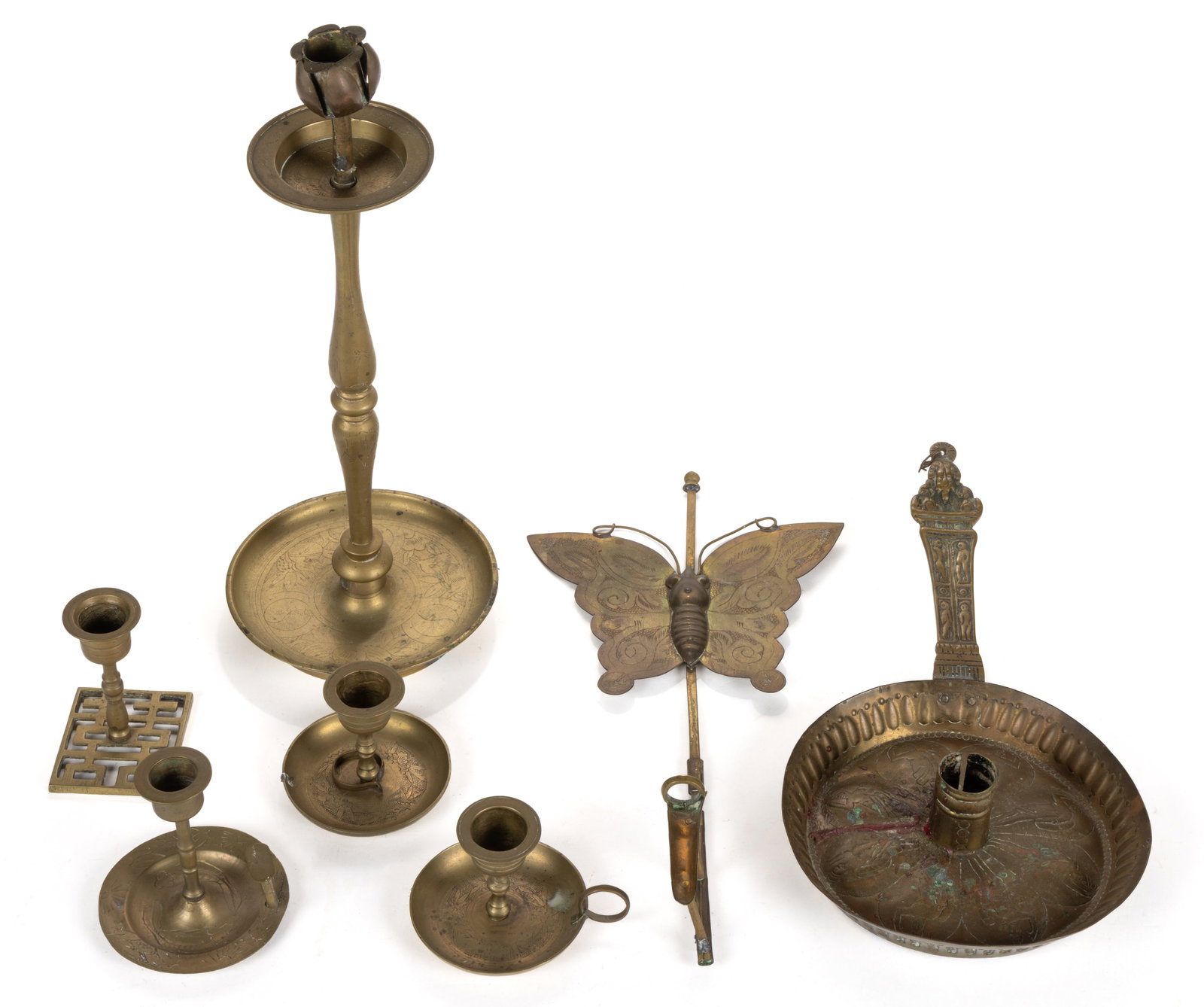 ASSORTED CONTINENTAL BRASS CANDLESTICKS AND LIGHTING ARTICLES, LOT OF SIX (1 of 1)