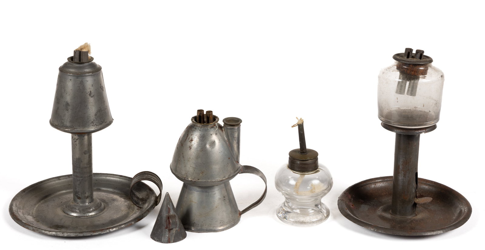 ASSORTED SHEET-IRON AND GLASS WHALE-OIL AND FLUID LAMPS, LOT OF FOUR (1 of 1)