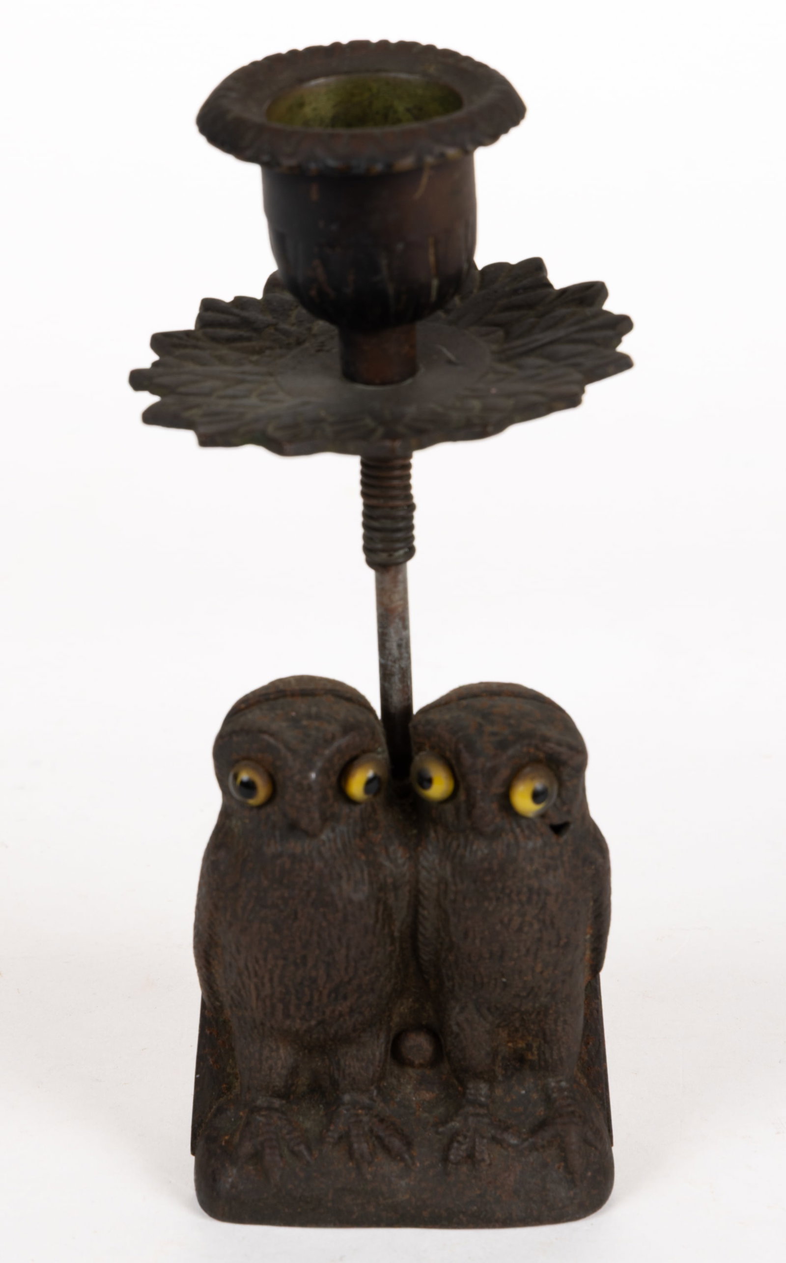 CAST-IRON FIGURAL OWL MATCH HOLDER WITH CANDLESTICK (1 of 3)