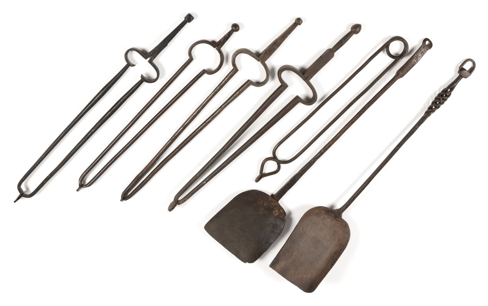 ASSORTED WROUGHT-IRON HEARTH AND FIREPLACE ARTICLES, LOT OF SEVEN: ASSORTED WROUGHT-IRON HEARTH AND FIREPLACE ARTICLES, LOT OF SEVEN, comprising of five ember tongs / pipe tongs with disc-form tips, including four scissor-form/hinged examples with ball or