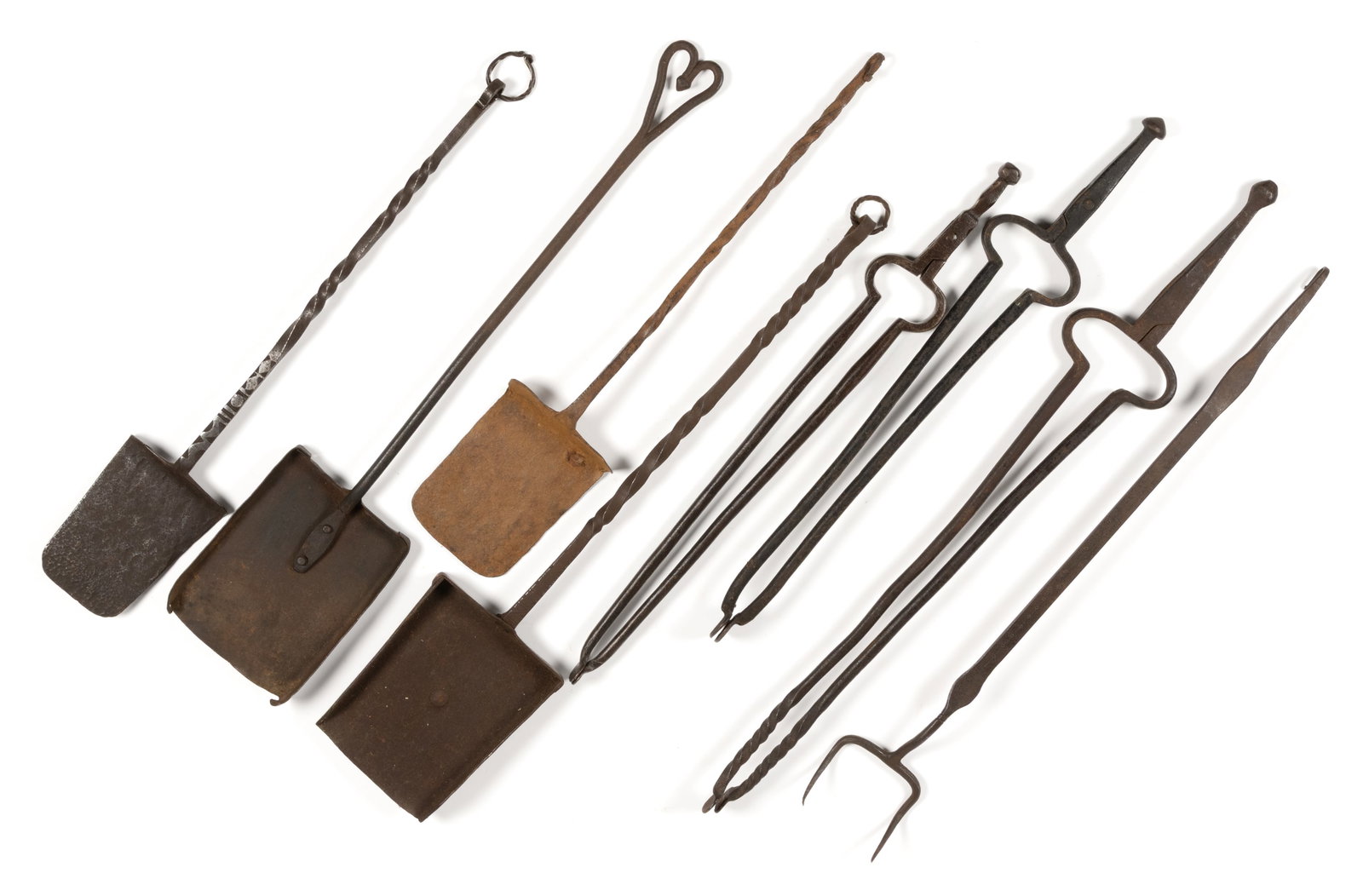 ASSORTED WROUGHT-IRON HEARTH AND FIREPLACE ARTICLES, LOT OF EIGHT: ASSORTED WROUGHT-IRON HEARTH AND FIREPLACE ARTICLES, LOT OF EIGHT, comprising of three scissor-form/hinged ember tongs/pipe tongs with disc-form tips and including one pair with additional formed