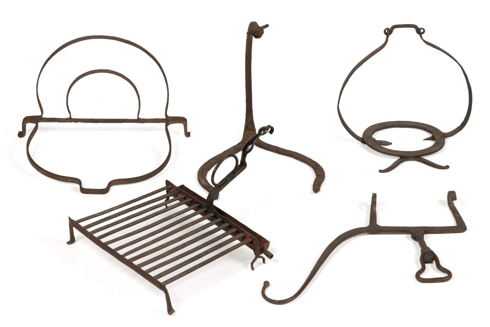 ASSORTED WROUGHT-IRON HEARTH AND FIREPLACE ARTICLES, LOT OF FIVE: ASSORTED WROUGHT-IRON HEARTH AND FIREPLACE ARTICLES, LOT OF FIVE, comprising of a rectangular-form gridiron/grill, having 12 concave bars and a drip catch pan, shaped handle with curled tip and h