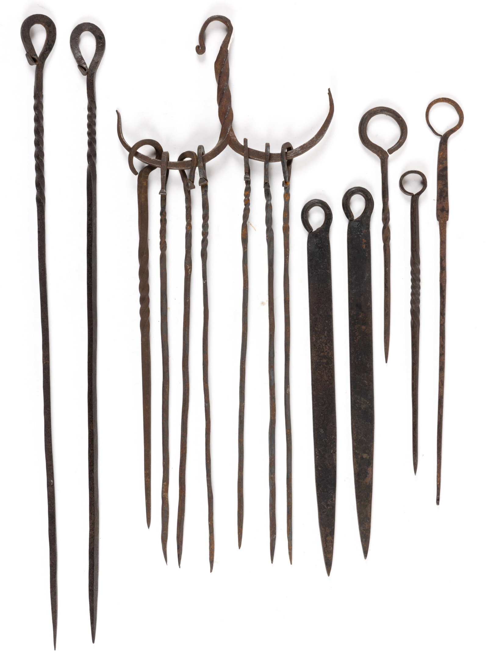 WROUGHT-IRON HEARTH / FIREPLACE SKEWER HOLDER AND SKEWERS, LOT OF 15 (1 of 1)