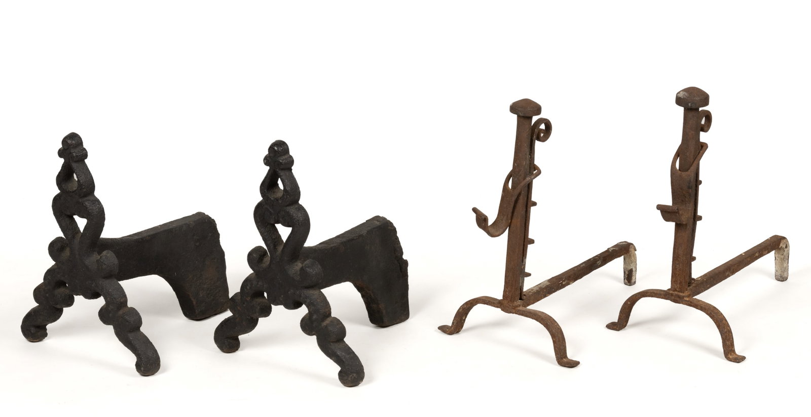 ASSORTED IRON HEARTH / FIREPLACE ANDIRONS, LOT OF TWO PAIR (1 of 2)