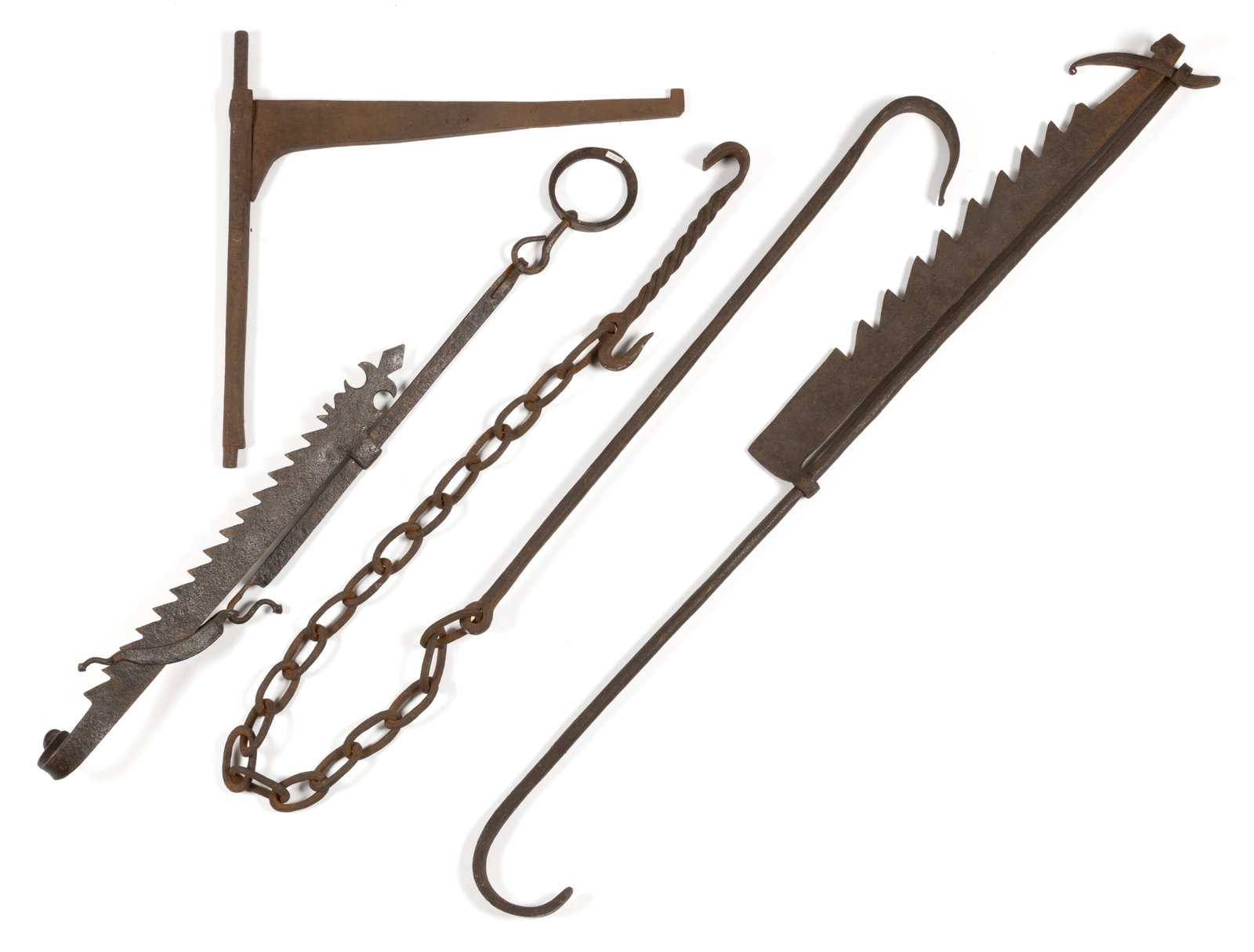 ASSORTED IRON HEARTH / FIREPLACE CRANE AND TRAMMELS, LOT OF FOUR (1 of 1)