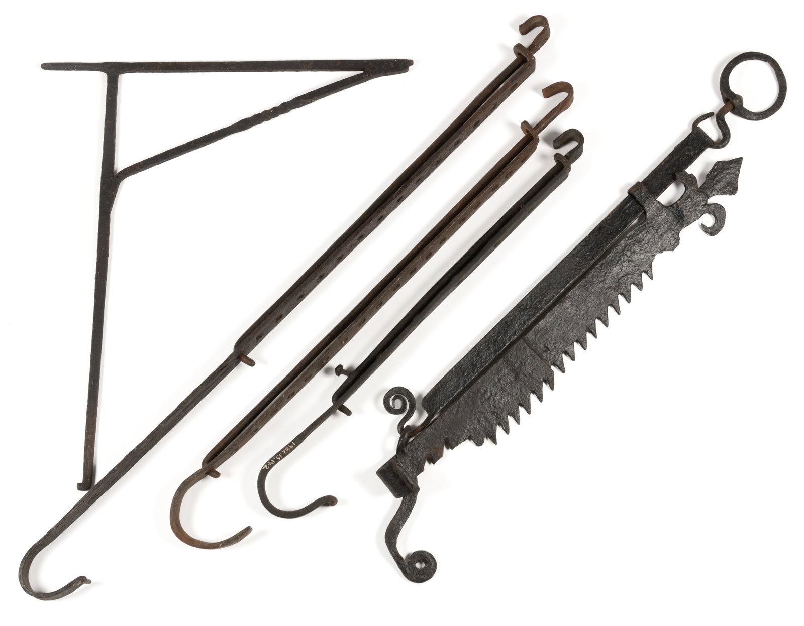 ASSORTED IRON HEARTH / FIREPLACE CRANE AND TRAMMELS, LOT OF FIVE (1 of 1)