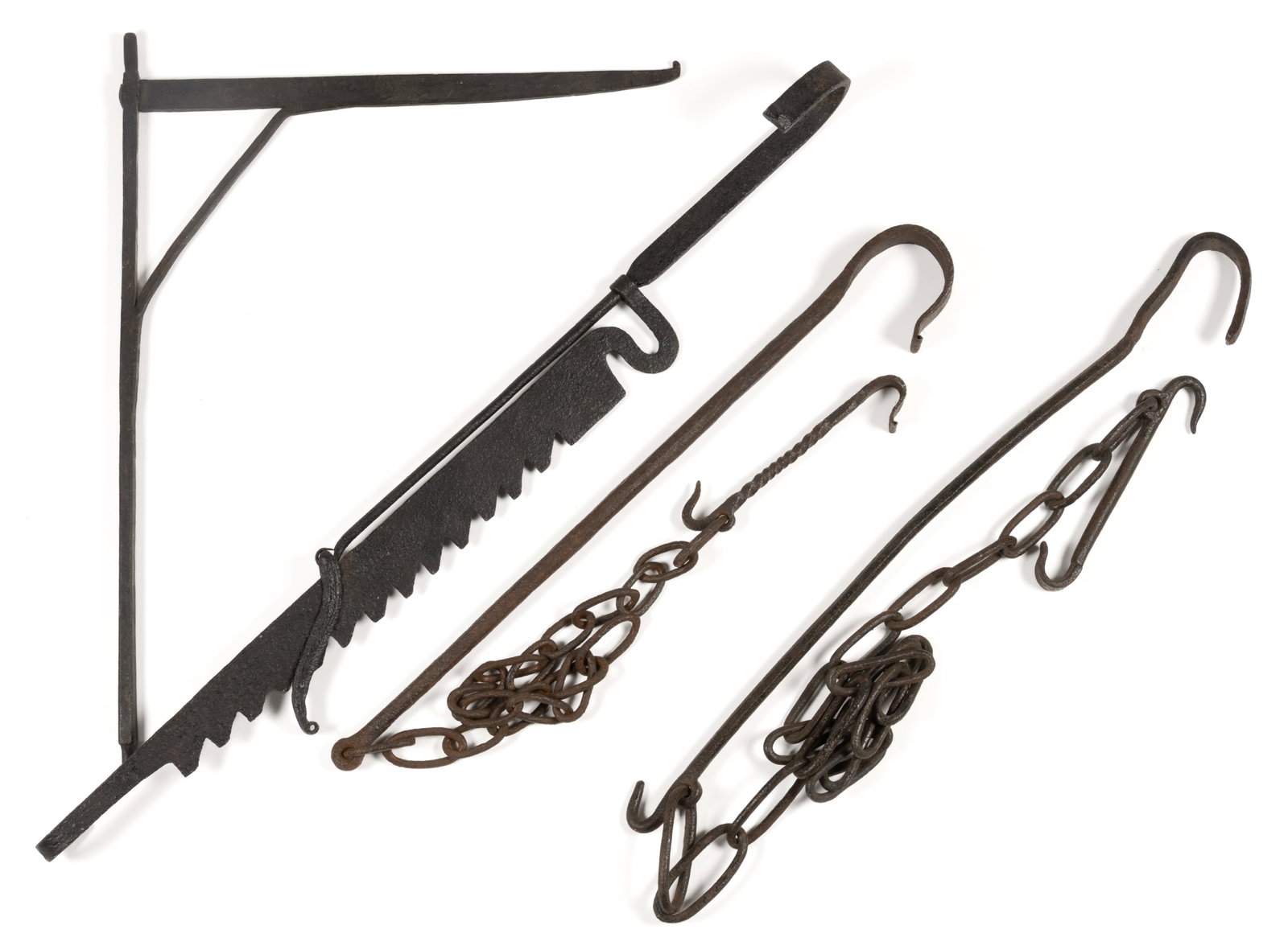 ASSORTED IRON HEARTH / FIREPLACE CRANE AND TRAMMELS, LOT OF FOUR (1 of 1)