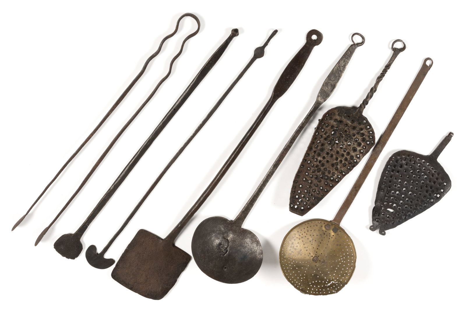 ASSORTED WROUGHT-IRON HEARTH / FIREPLACE AND KITCHEN UTENSILS AND DOMESTIC ARTICLES, LOT OF EIGHT (1 of 1)