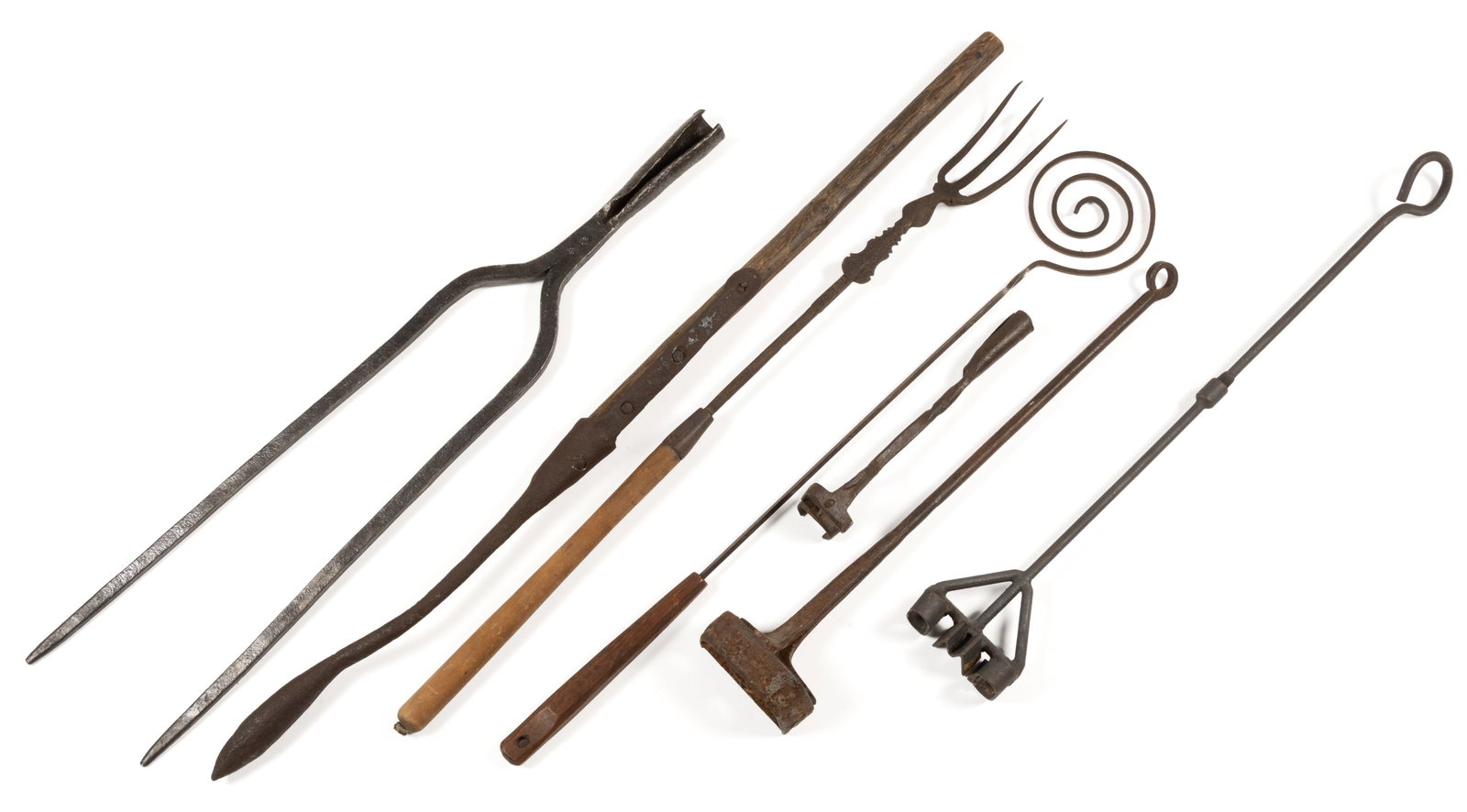 ASSORTED WROUGHT-IRON AND STEEL HEARTH / FIREPLACE / DOMESTIC TOOLS, LOT OF SEVEN (1 of 2)