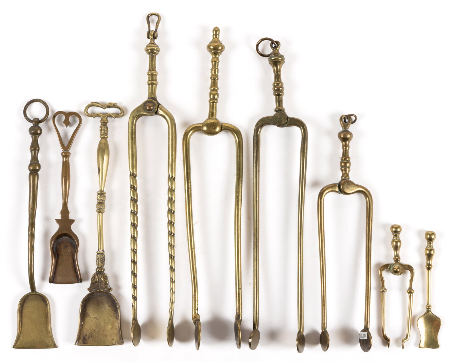 ASSORTED BRASS DIMINUTIVE SMOKER'S EMBER TONGS AND SHOVELS, LOT OF NINE (1 of 1)