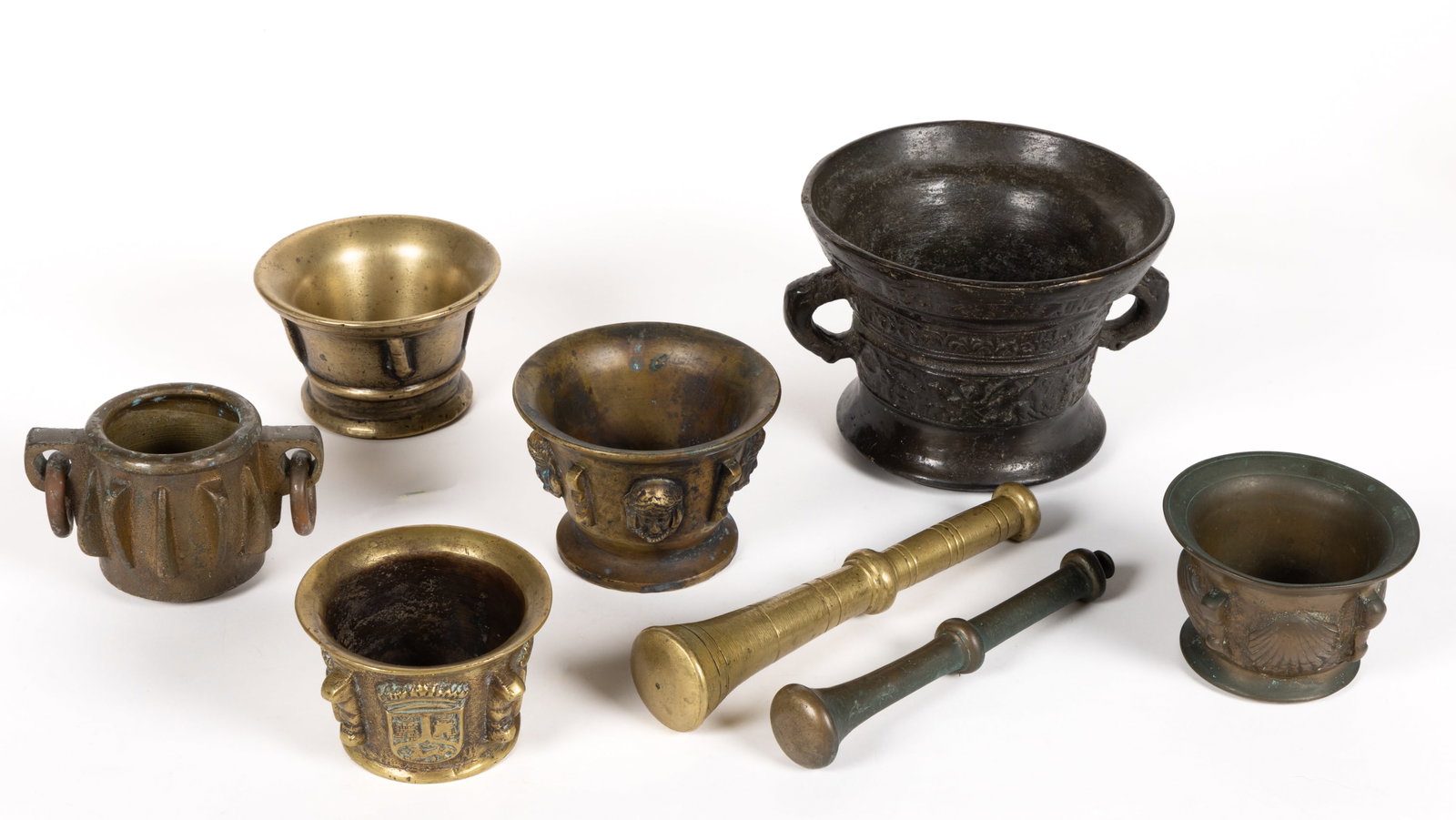 ASSORTED BRASS AND BRONZE MORTARS AND PESTLES, LOT OF EIGHT (1 of 1)