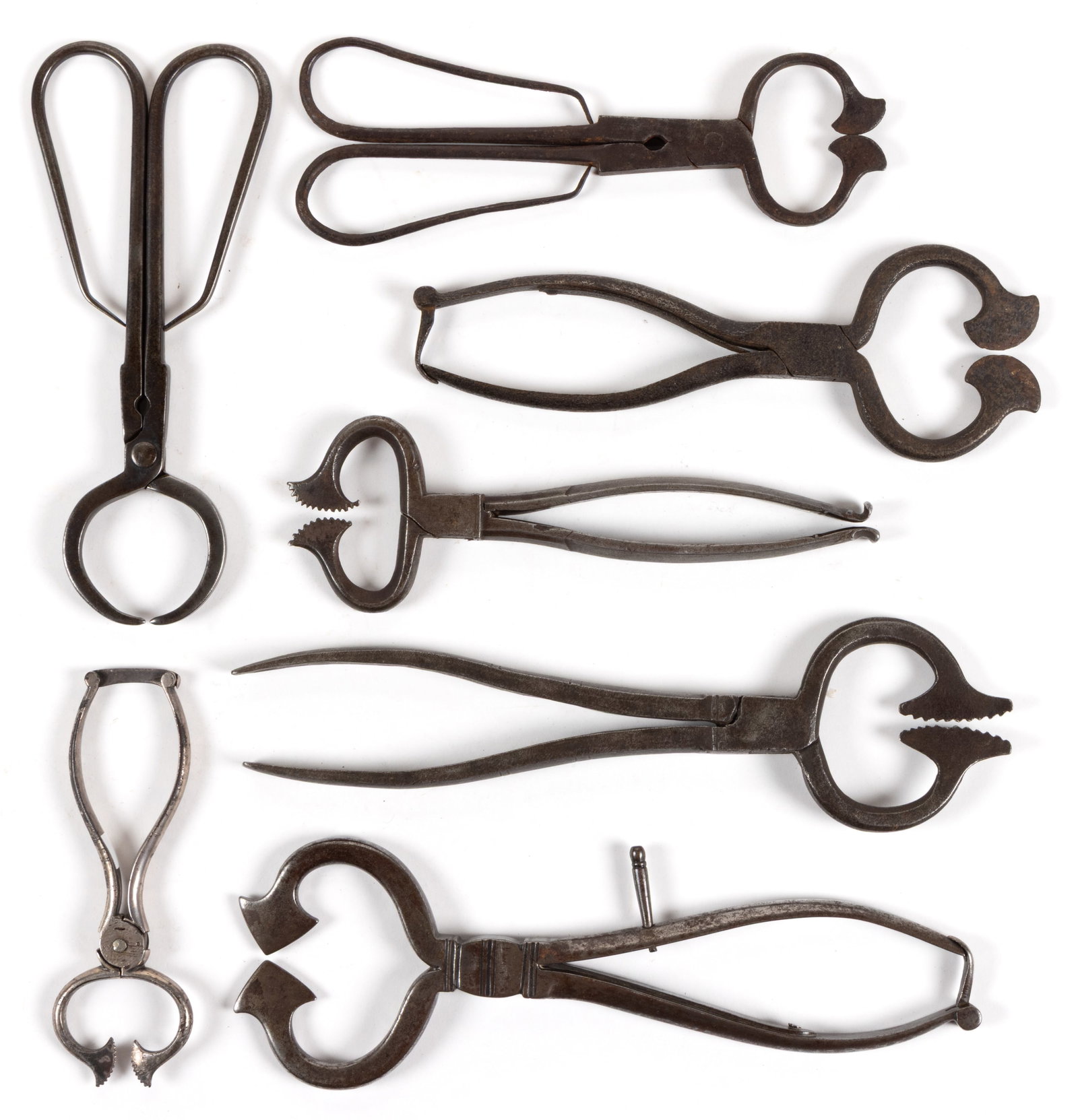 ASSORTED WROUGHT-IRON AND STEEL SUGAR NIPPERS / NIPS / CUTTERS, LOT OF SEVEN (1 of 1)
