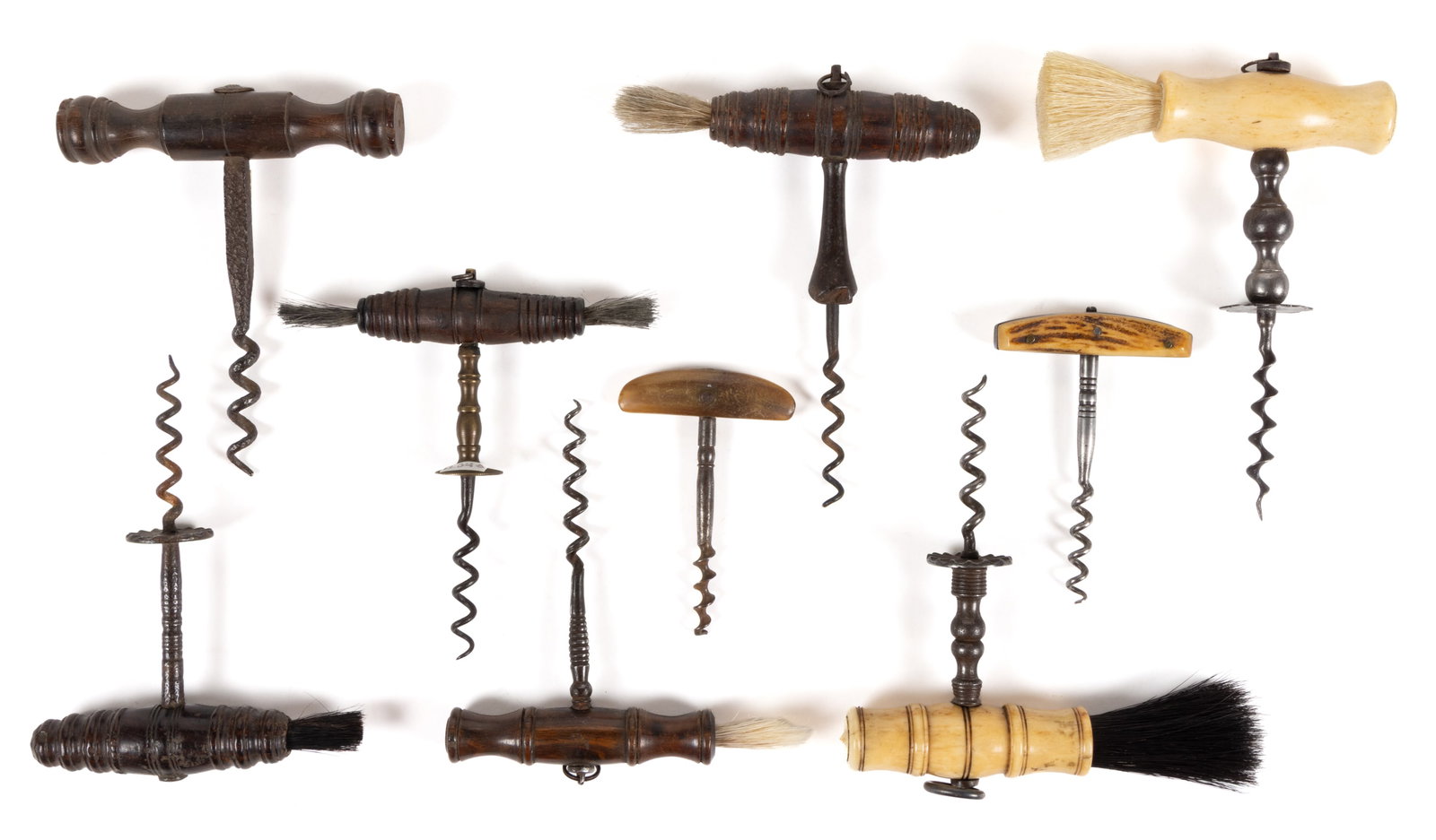 ASSORTED BONE, HORN AND WOOD CORK SCREWS, LOT OF NINE: ASSORTED BONE, HORN AND WOOD CORK SCREWS, LOT OF NINE, comprising of five mahogany wooden handle examples, each handle having turned ornamentation, one example having a wrought-iron auger an